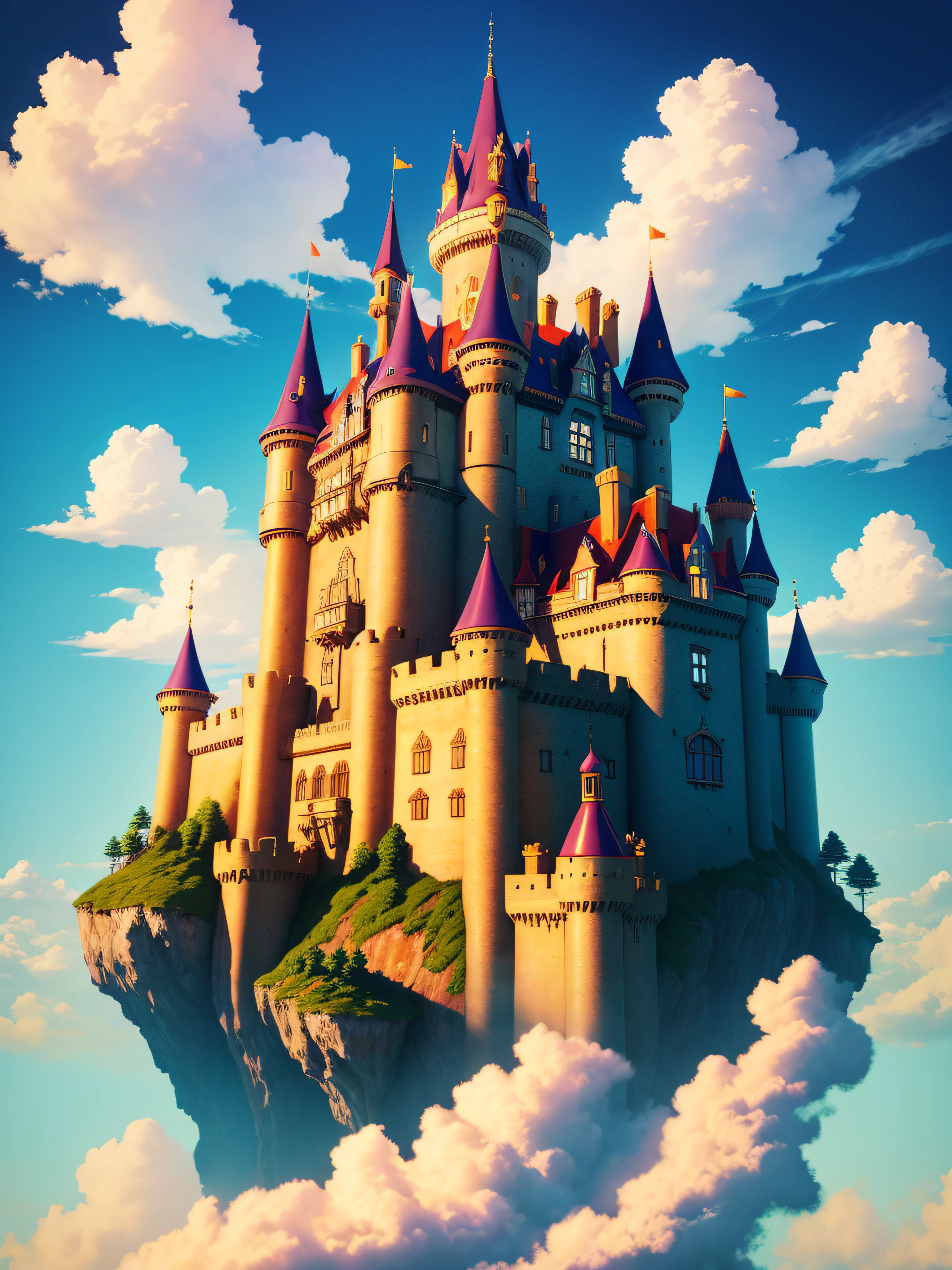 "A majestic castle floating on a sky island, reminiscent of an England-style fortress, suspended above fluffy clouds, basking in the warm glow of the sun, radiating vibrant colors. Masterpiece."