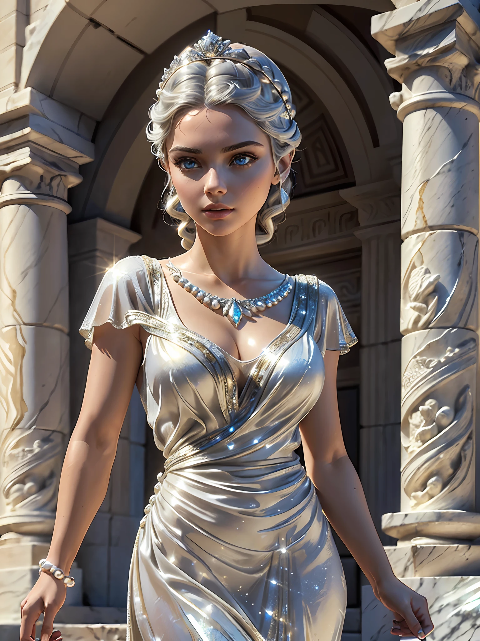 (masterpiece), (best quality), ((ultra-detailed)), (hyperrealistic), (highly detailed photo), cinematic lighting, photorealistic, extremely beautiful young lady in the marble rocks, dramatic pose, intricate detailed silver glittering ancient greek style pearl dress, shining, gloss, crisp, flirty, epic, focus, artistic, very bright, intricate hairstyle, pattern, bas-relief