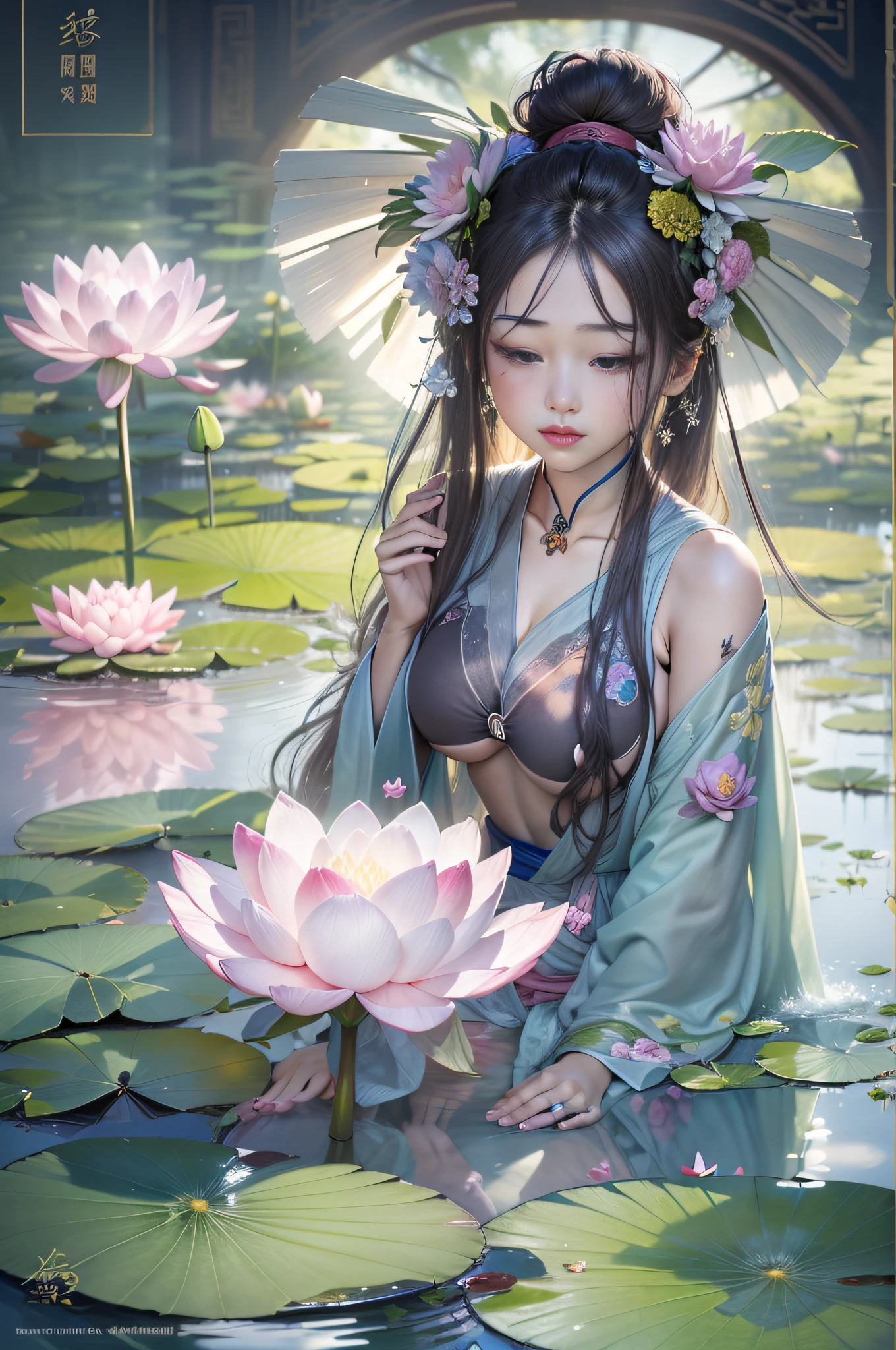 (1girll:1.4), Solo,((:0.75)),(((Small breasts:1))), ((water lilies:1,3)), (glowing ambiance, enchanting glow, luminouslighting, Ethereal atmosphere, A mesmerizing glow, evocative hues, captivating coloration, Dramatic lighting, Enchanting aura), (A girl sits on a bench in a flower field, Palace, A girl in Hanfu, instagram contest winner, in water up to her shoulders, standing gracefully upon a lotus, inspired by Hua Yan, closing her eyes, high priestess tarot card, full-cosplay, water lilies), Ink painting, ((Moon:1)), (Masterpiece, Top quality, Best quality, offcial art, Beautiful and aesthetic:1.2), extreme detailed details, (Chinese style:1.2),theater dance scene,(hypermaximalistic:1.5),Colorful,highest details,,(Breast size:1.8)