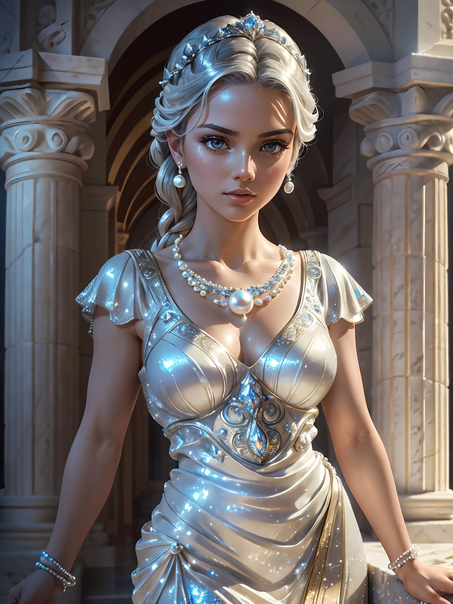 (masterpiece), (best quality), ((ultra-detailed)), (hyperrealistic), (highly detailed photo), cinematic lighting, photorealistic, extremely beautiful young lady in the marble rocks, dramatic pose, intricate detailed silver glittering ancient greek style pearl dress, shining, gloss, crisp, flirty, epic, focus, artistic, very bright, intricate hairstyle, pattern, bas-relief