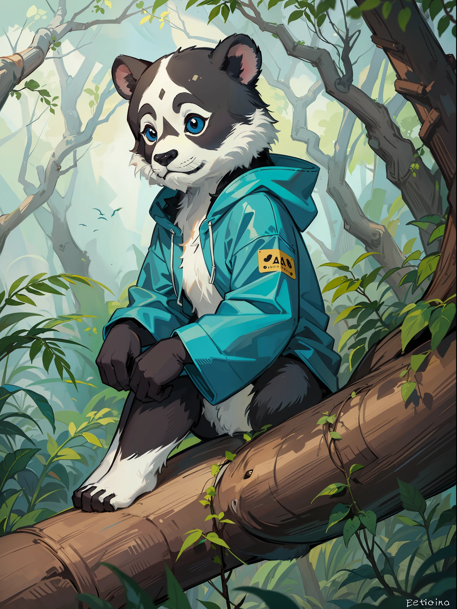 Osito panda vestido con chaqueta vaquera de color azul. Sitting on a tree branch in a jungle. Estilo disney. estilo cartoon. Pintura digital