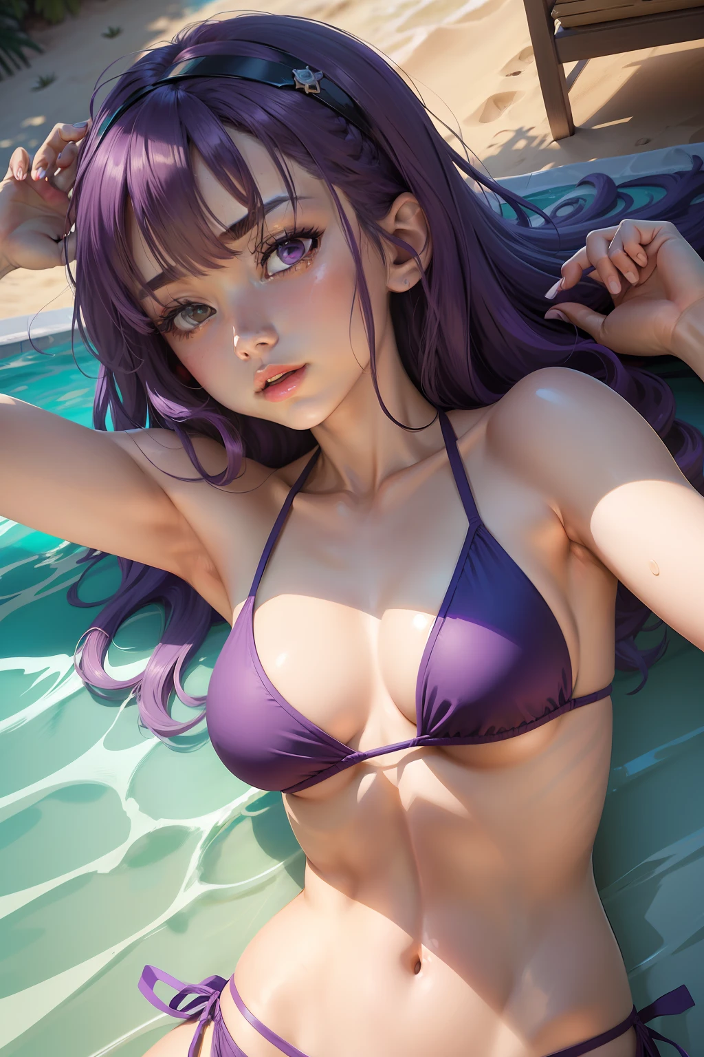 Cartoon drawing of a woman in a bikini lying on her stomach, wearing a swimming wear, Poses variadas, cel - shaded art style, attire: bikini of, anime pose, colored line art, relaxed poses, Swimsuit, knights of zodiac girl, colored line art, she has purple hair, Flat anime style shading, Miura, marin kitagawa fanart