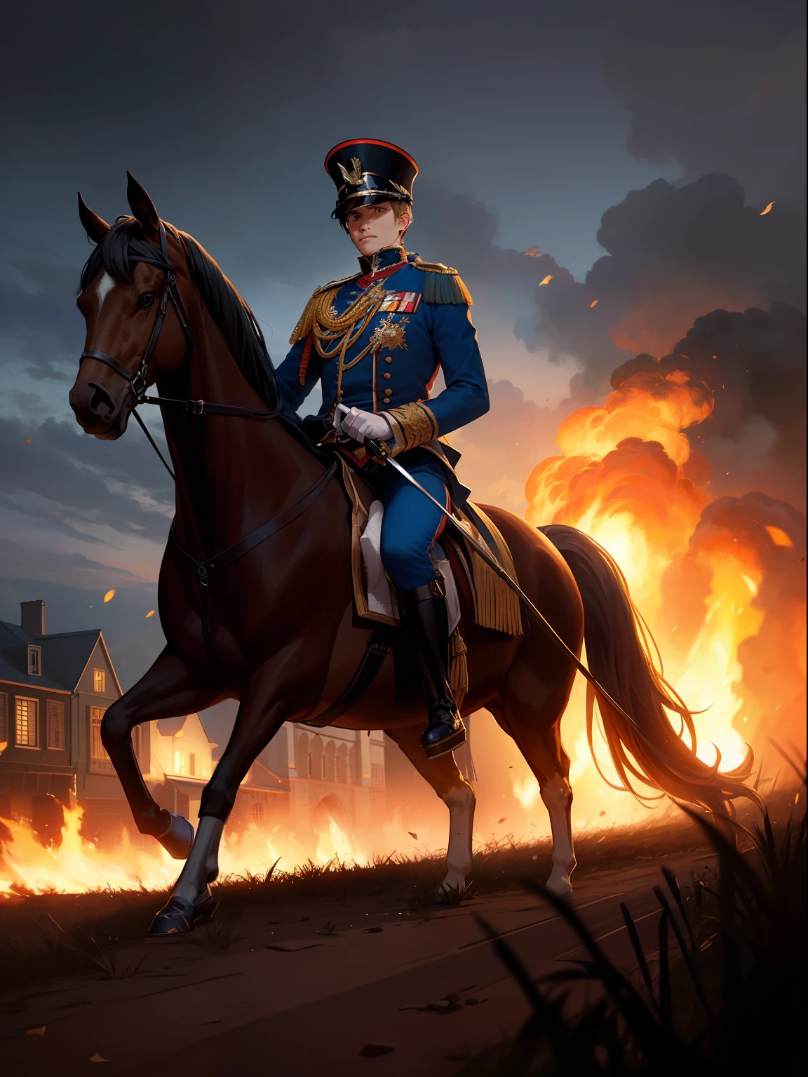 Holland soldiers 1800, Napoleon's style uniform, dark blue uniform, heroic, ride horse, sword, battlefield , at night, full body view, background burning village, fire