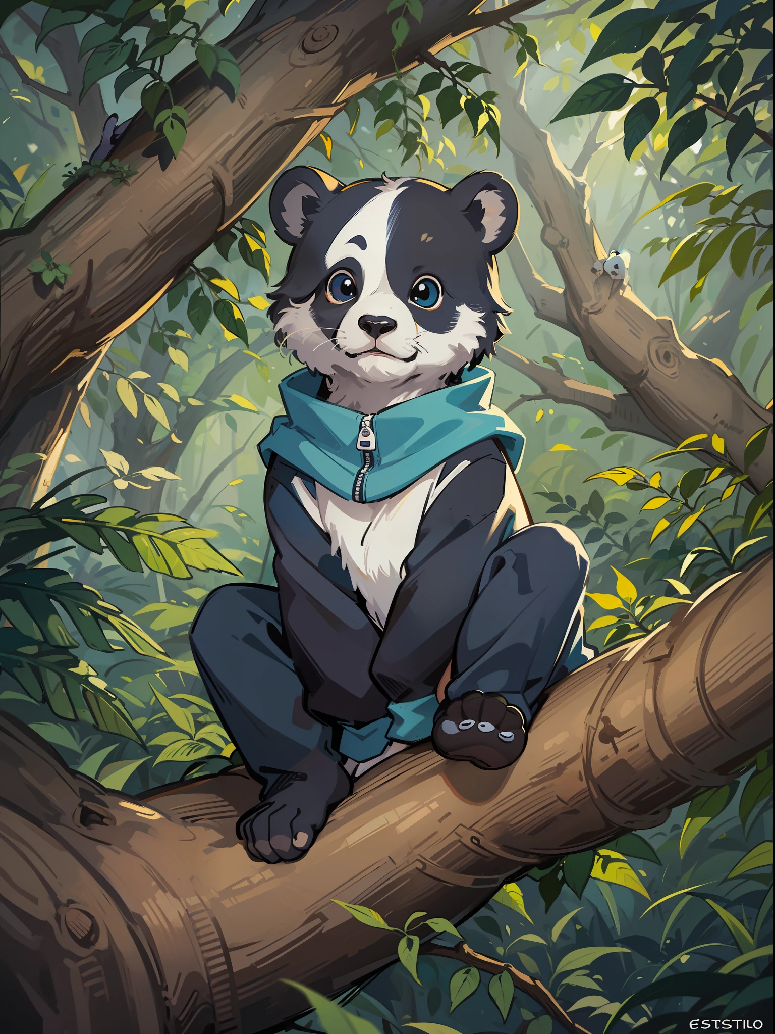 Osito panda vestido con chaqueta vaquera de color azul. Sitting on a tree branch in a jungle. Estilo disney. estilo cartoon. Pintura digital