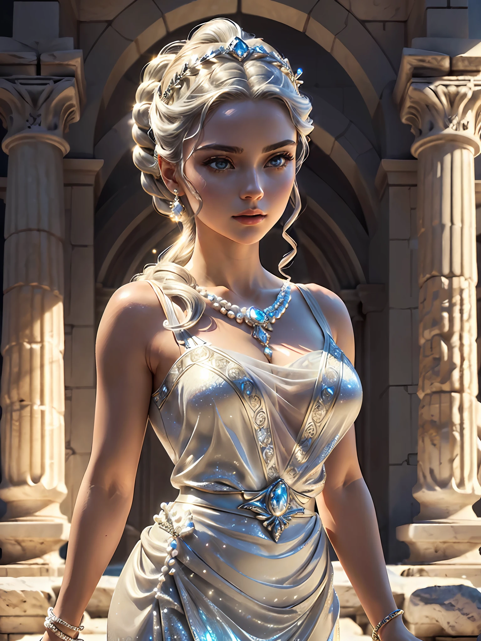 (masterpiece), (best quality), ((ultra-detailed)), (hyperrealistic), (highly detailed photo), cinematic lighting, photorealistic, extremely beautiful young lady in the marble rocks, dramatic pose, intricate detailed silver glittering ancient greek style pearl dress, shining, gloss, crisp, flirty, epic, focus, artistic, very bright, intricate hairstyle, pattern, bas-relief