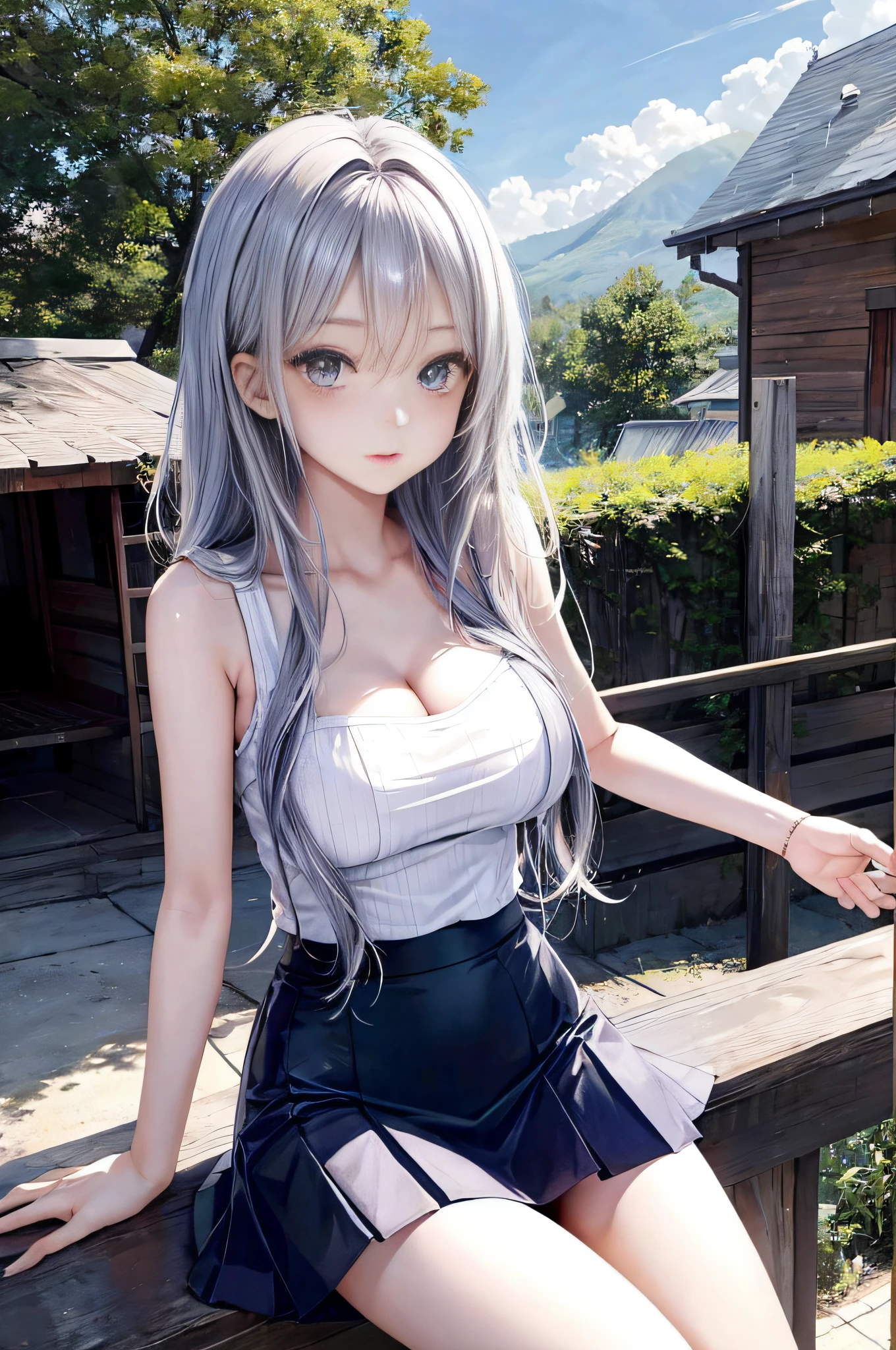 Top image quality、Raw photography、超A high resolution、Cute girl at 18 years old、Shooting for one person only、big round chest、cleavage of the breast、Patterned tank top、Skirt、Shiny hair、Beautiful Eyes of Details、very elongated eyes、Beautiful eyelashes、Beautiful double eyelids、Beautiful legs、very thin thighs、very slender legs、eyeshadows、耳Nipple Ring、Posing like a fashion model、Wear clothes of famous designers、Summer and autumn costumes