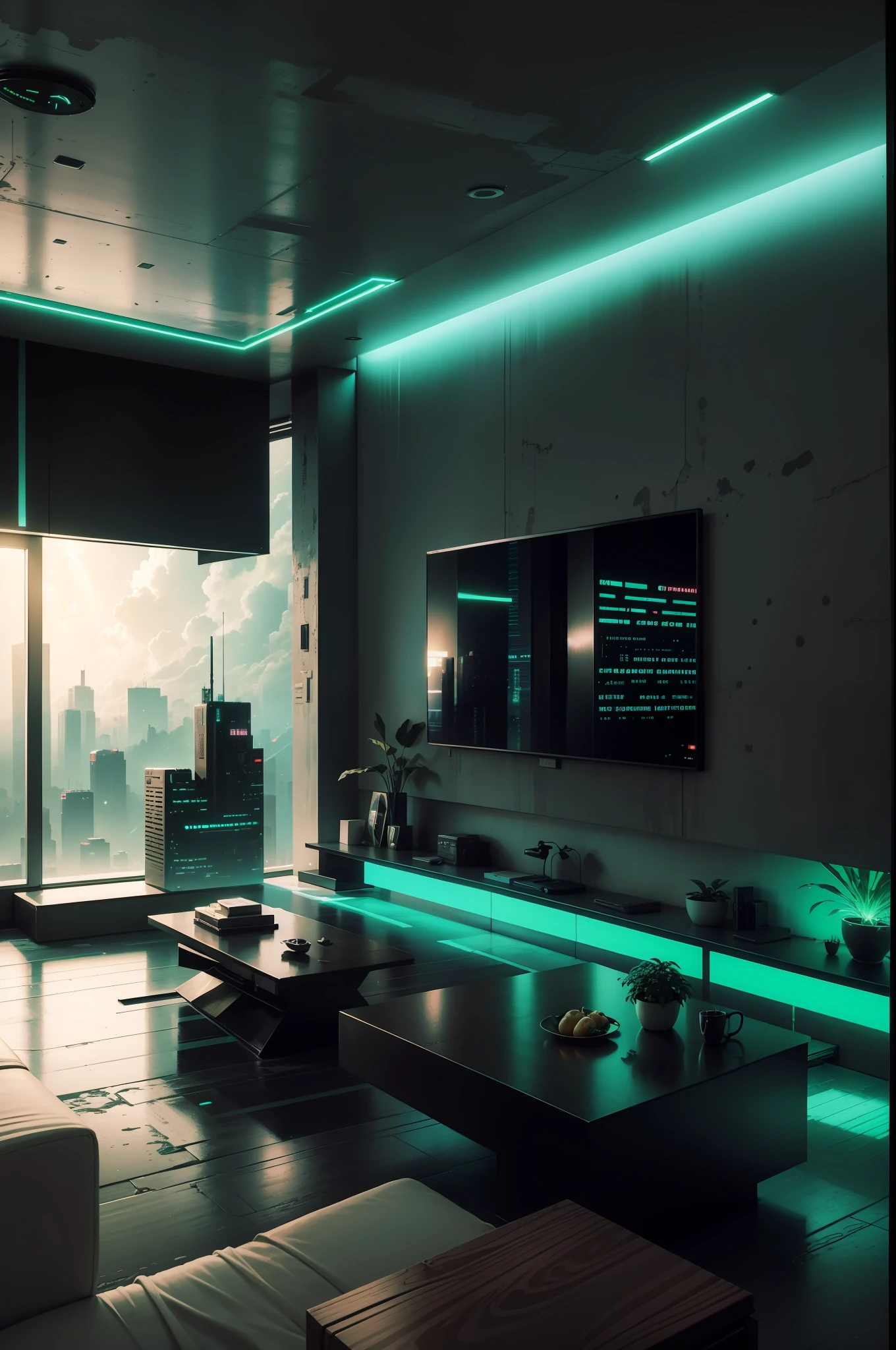 A living room, cyberpunk theme, futuristic decorations, green theme