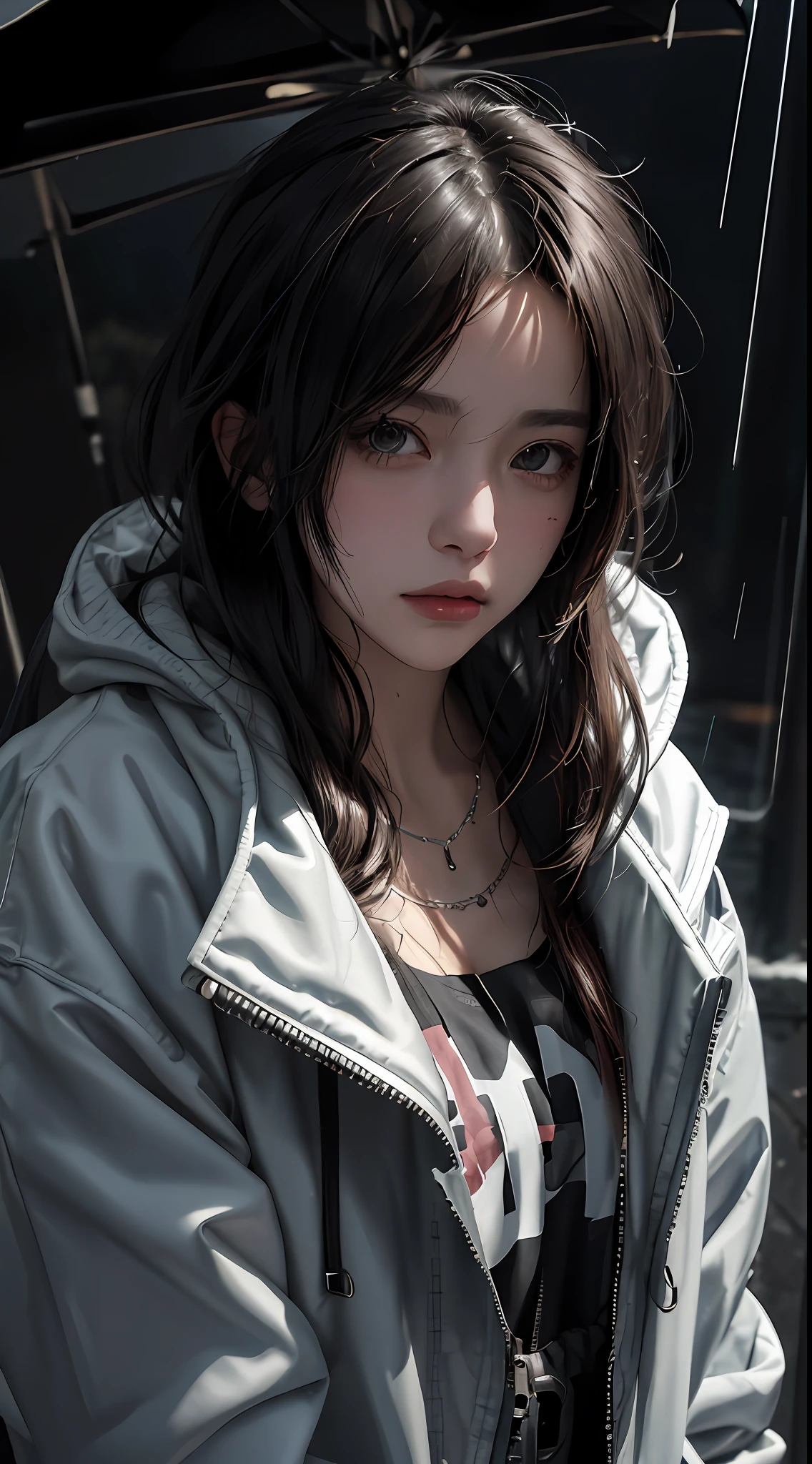 1girl, jacket, rain, outdoor, hoodie, open jacket, chain, backpack, looking at another, messy hair, trending on artstation, 8k resolution, highly detailed, anatomically correct, sharp image, digital painting, concept art, trending on pixiv, style of makoto shinkai,