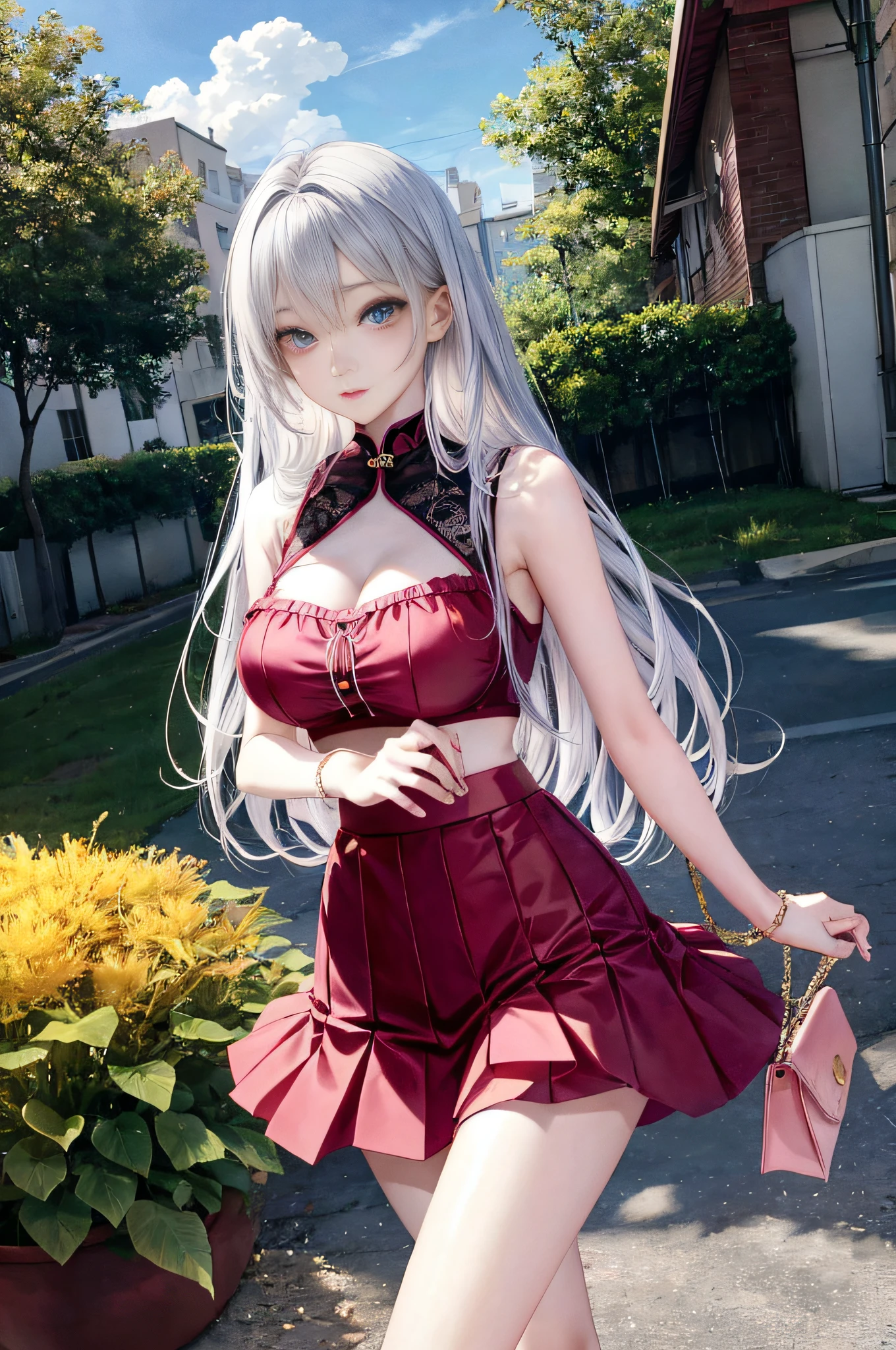 Top image quality、Raw photography、超A high resolution、Cute girl at 18 years old、Shooting for one person only、big round chest、cleavage of the breast、Patterned tank top、Skirt、Shiny hair、Beautiful Eyes of Details、very elongated eyes、Beautiful eyelashes、Beautiful double eyelids、Beautiful legs、very thin thighs、very slender legs、eyeshadows、耳Nipple Ring、Posing like a fashion model、Wear clothes of famous designers、Summer and autumn costumes