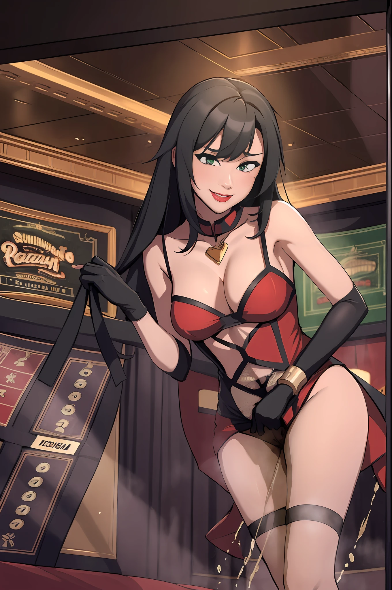 (masterpiece, top quality, best quality, highly detailed:1.2), 1girl, solo, photo of a sexy lounge singer posing seductively on stage and peeing on the floor, peeing self, having an accident, casino, indoor, standing, ((pee stream)), (pee puddle), pee stain, panties, form-fitting red gown, wet gown, wet furniture, pee puddle, peeing, thigh high heels, stockings, wet stockings, black hair, green eyes, smirking, golden braclet, red lipstick, black long gloves