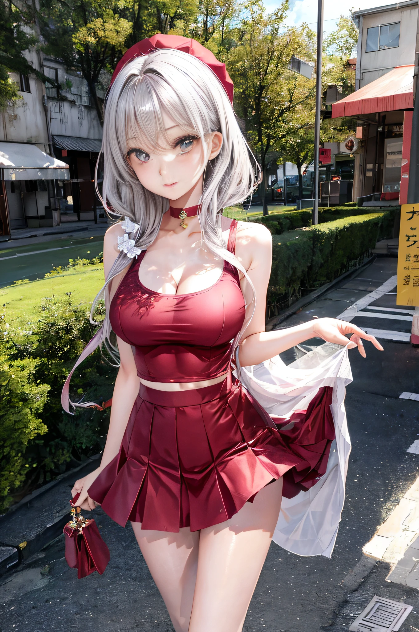 Top image quality、Raw photography、超A high resolution、Cute girl at 18 years old、Shooting for one person only、big round chest、cleavage of the breast、Patterned tank top、Skirt、Shiny hair、Beautiful Eyes of Details、very elongated eyes、Beautiful eyelashes、Beautiful double eyelids、Beautiful legs、very thin thighs、very slender legs、eyeshadows、耳Nipple Ring、Posing like a fashion model、Wear clothes of famous designers、Summer and autumn costumes