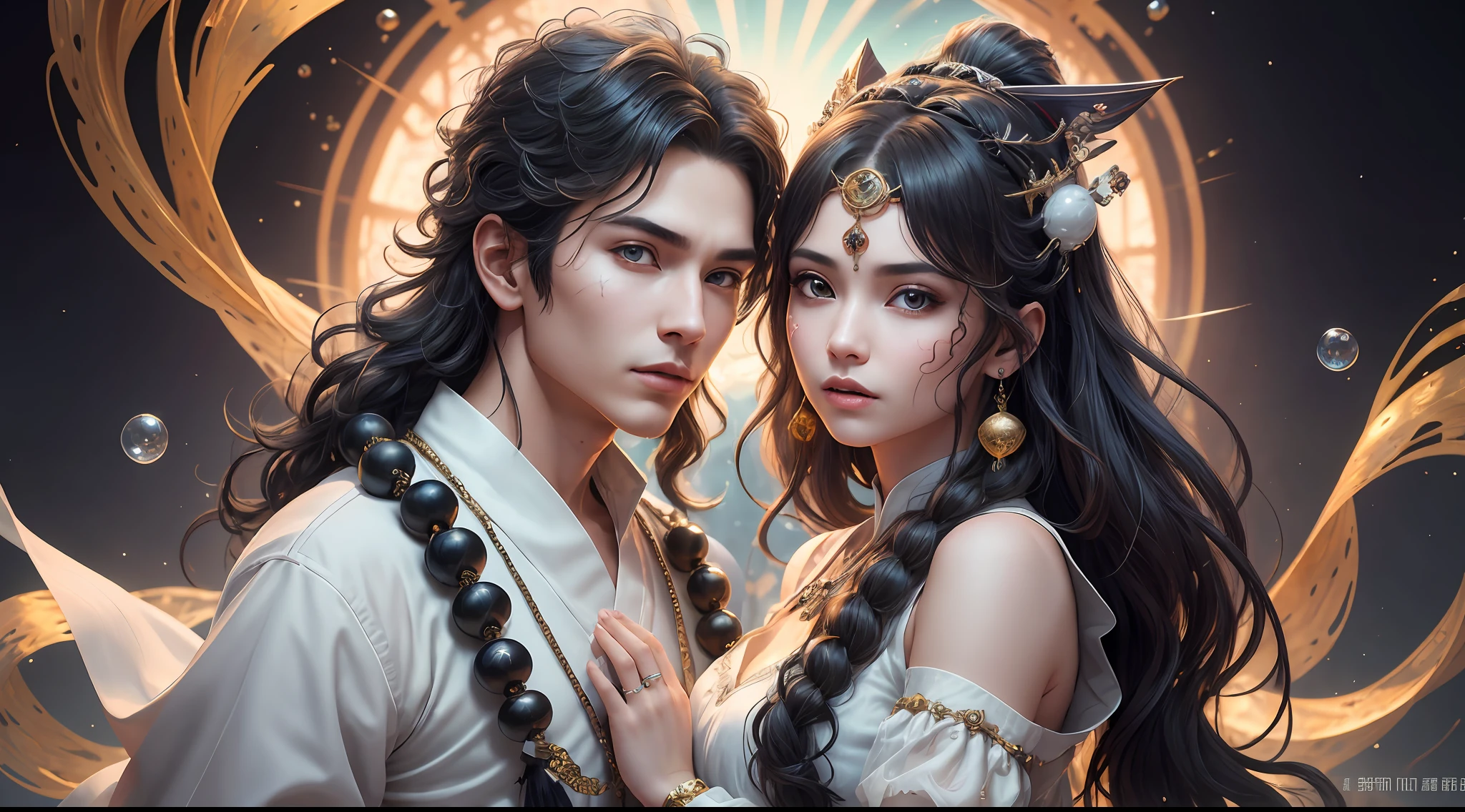 couple(((Male and female)))，fashion shot，(Full portrait), (Half-width), solo, detailedbackground, Detailed face, (stonepunkAI, stone theme:1.1), wise, (beautiful hair, pigtails:0.2), shaman, Septum is harsh，mistic，（Gorgeous face），Amazing，head tilted up，（calm expression），chill out，Intimate interaction，White silk clothes，prayer beads，Fine hair，head gear：0.33，hisui，obsidian，Detailed clothes，realistic skin textures，（Floating particles，Water Swirls，ember，rituals，whirly，ventania：1.2），Clear focus，Volumetriclighting，Good highlights，Good shadows，sub surface scattering，复杂，highly  detailed，((cinematic ligh)), dramatic, (HighestQuali, Award-Awarded, tmasterpiece:1.5), (真实感:1.5),