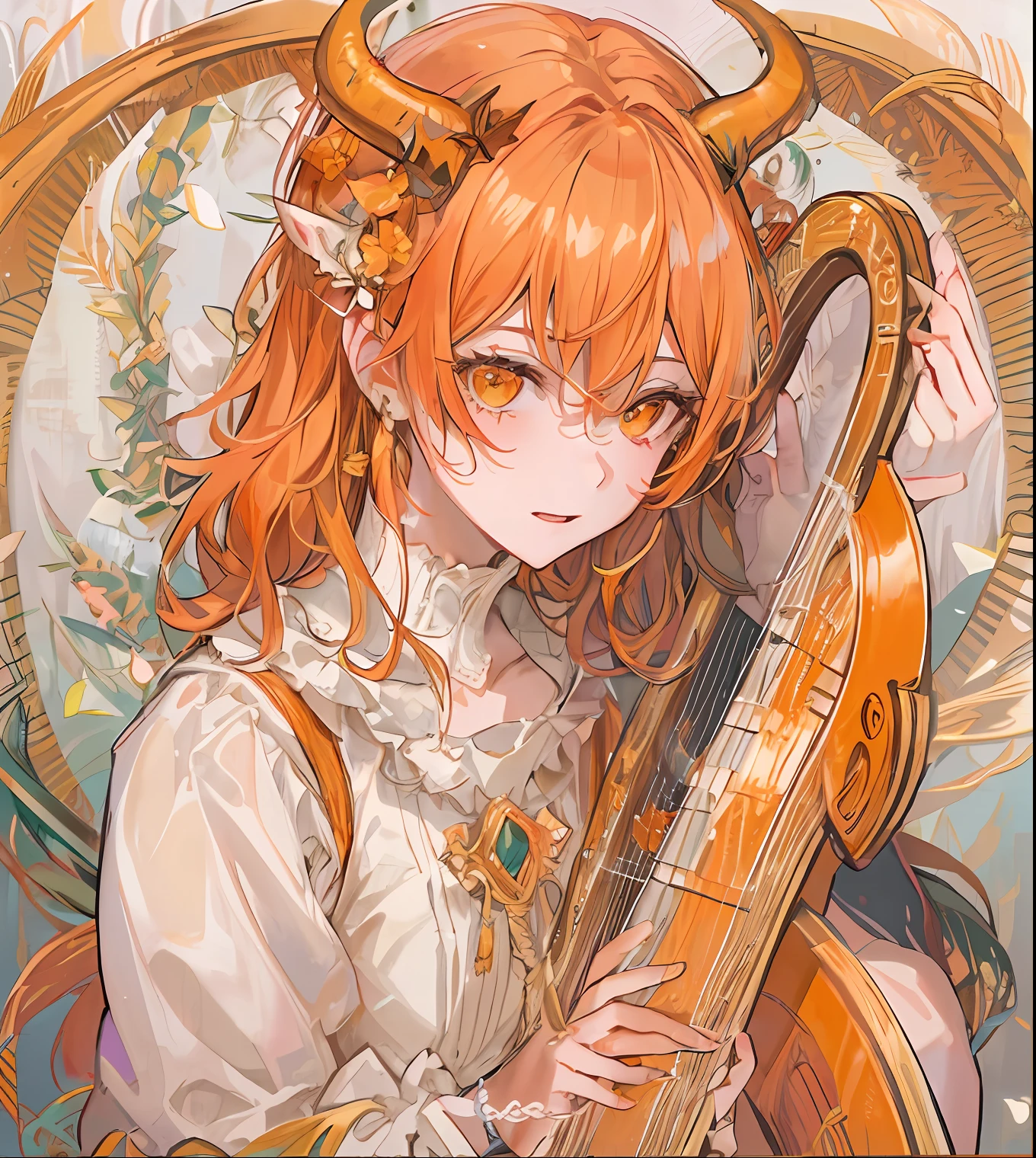 tmasterpiece，Best quality at best，one-girl，Solo，With a harp，Orange-white gradient hair，gentleness，devil horns
