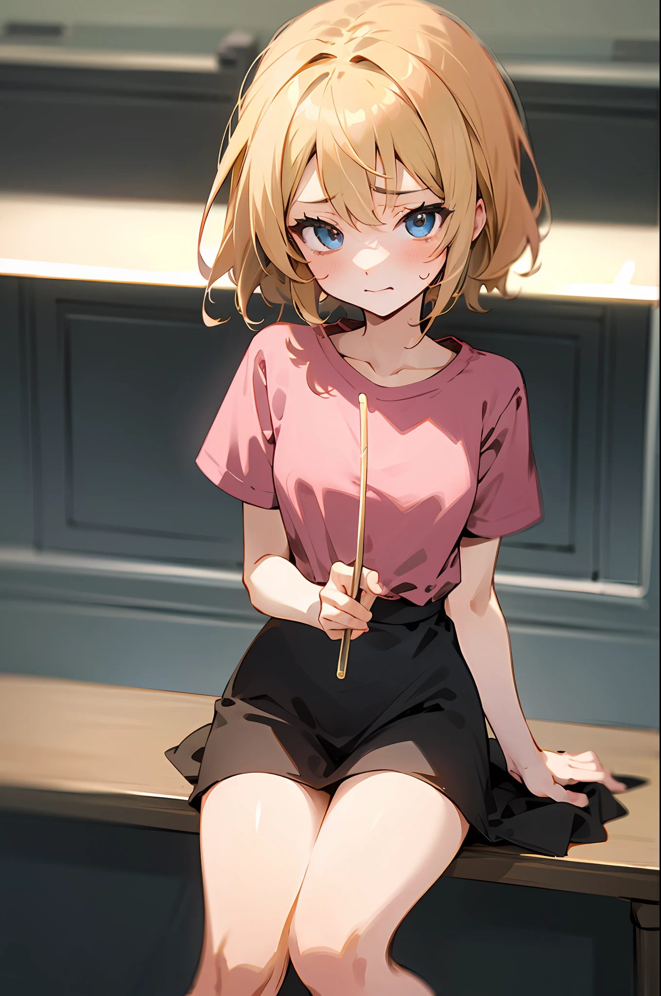 anime girl with blonde hair, wearing pink tshirt , anime moe artstyle, full body, anime girl wearing a black dress,,seductive anime girl, sittinng on the table, classroom, cute anime 8 k, , (anime girl), zerochan art, 1girl, h, high res, ultrasharp, 8k, masterpiece, perfect body, perfect face, cute face,