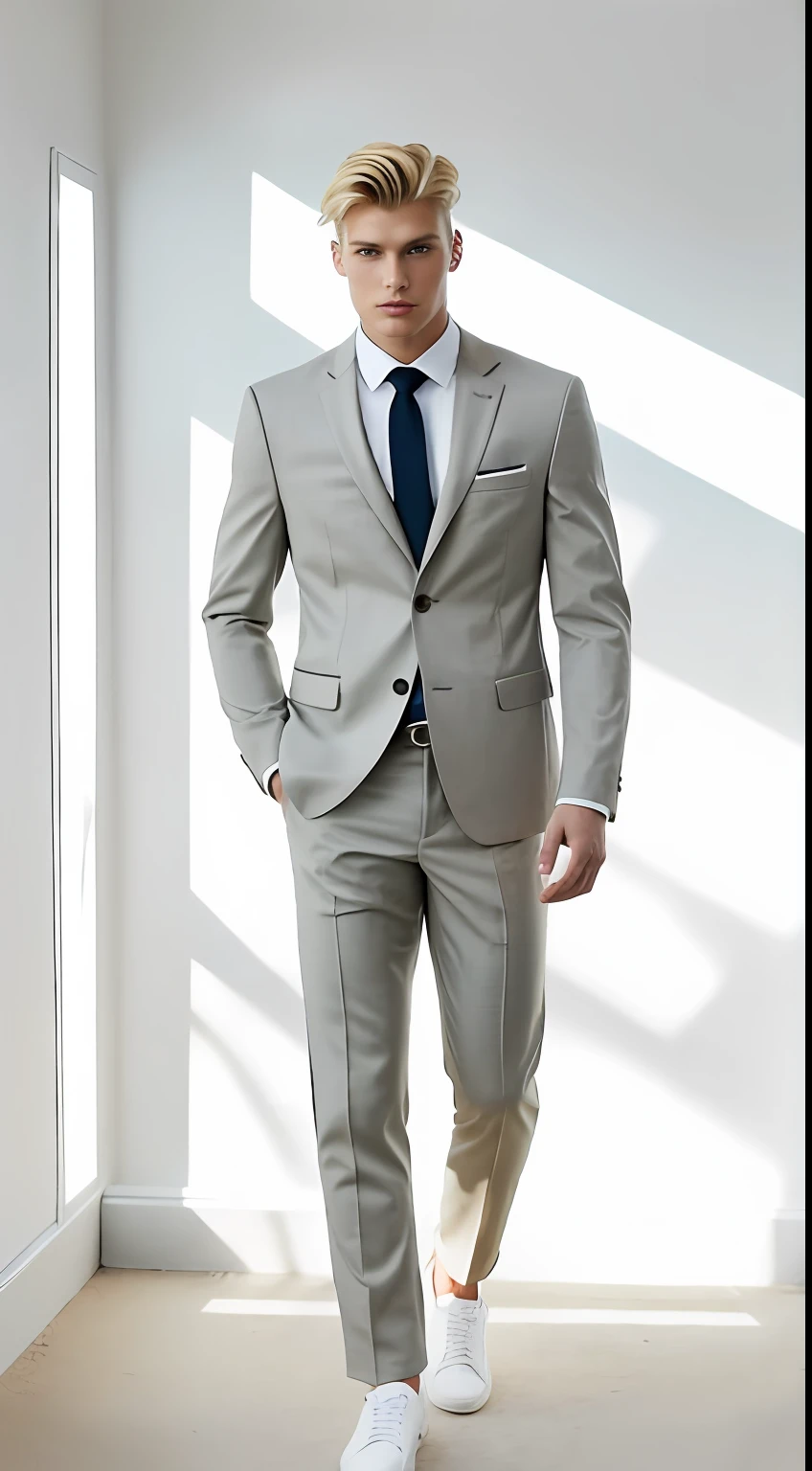 Fashion Photography Essay, Blonde male model, A room with natural light, Comfortable clothes, Hair contour light and face soft light, wearing a suit