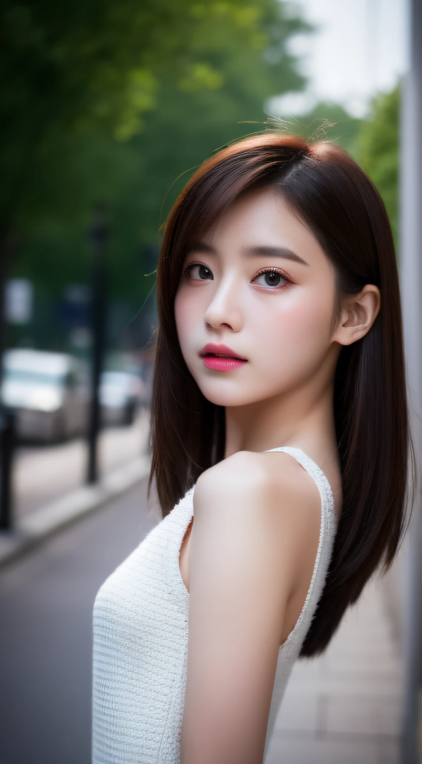 ​masterpiece, top-quality, Raw foto, Photorealsitic、full body Esbian、 beautiful a girl, cute little, shorth hair, depth of fields, hight resolution, ultra-detailliert, finely detail, ighly detailed, extremely detailed eye and face, Sharp pupils, Realistic pupils, foco nítido, Cinematic lighting、Normal breasts、In the street、Casual wear