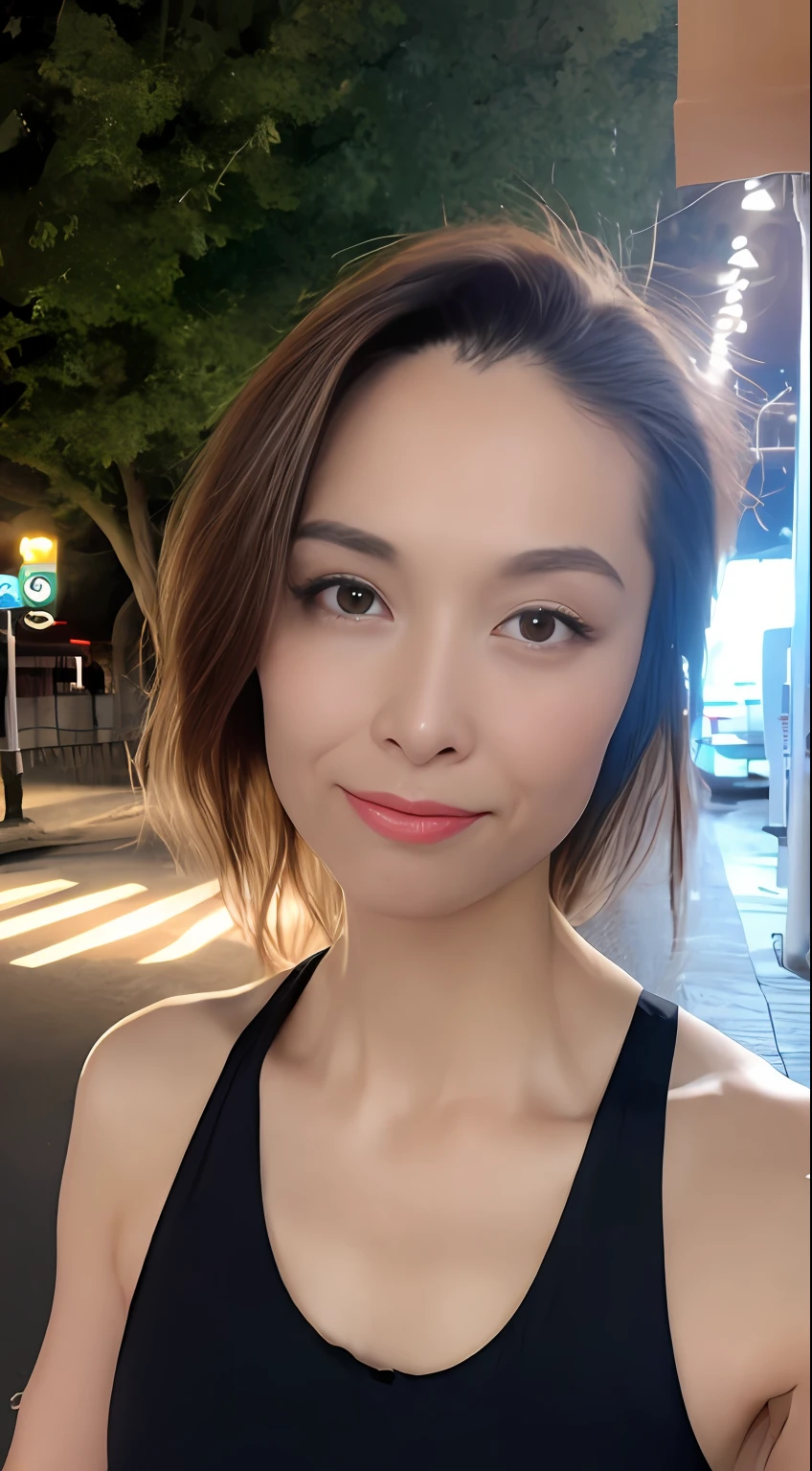 ((Realistic lighting, Best quality, 8K, Masterpiece: 1.3)), Clear focus: 1.2, 1girl, Perfect Figure: 1.4, Slim Abs: 1.1, ((Dark brown hair)), (White crop top: 1.4), (Outdoor, Night: 1.1), City streets, Super fine face, Fine eyes, Double eyelids,