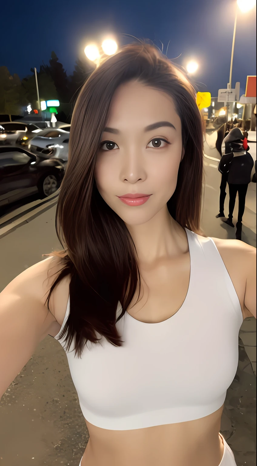 ((Realistic lighting, Best quality, 8K, Masterpiece: 1.3)), Clear focus: 1.2, 1girl, Perfect Figure: 1.4, Slim Abs: 1.1, ((Dark brown hair)), (White crop top: 1.4), (Outdoor, Night: 1.1), City streets, Super fine face, Fine eyes, Double eyelids,