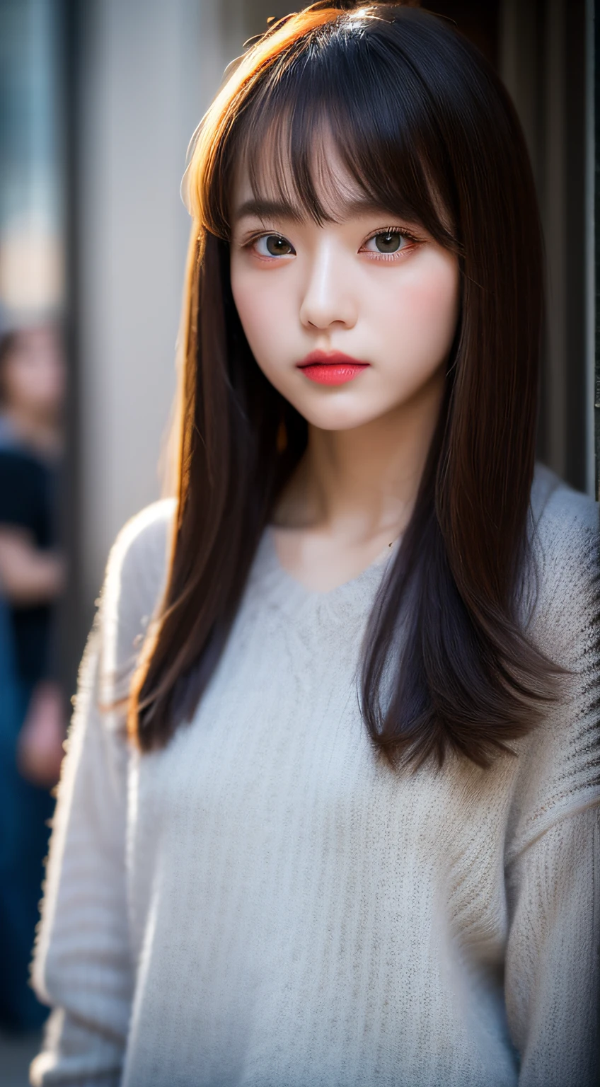 ​masterpiece, top-quality, Raw foto, Photorealsitic、full body Esbian、 beautiful a girl, cute little, shorth hair, depth of fields, hight resolution, ultra-detailliert, finely detail, ighly detailed, extremely detailed eye and face, Sharp pupils, Realistic pupils, foco nítido, Cinematic lighting、Normal breasts、In the street、Casual wear