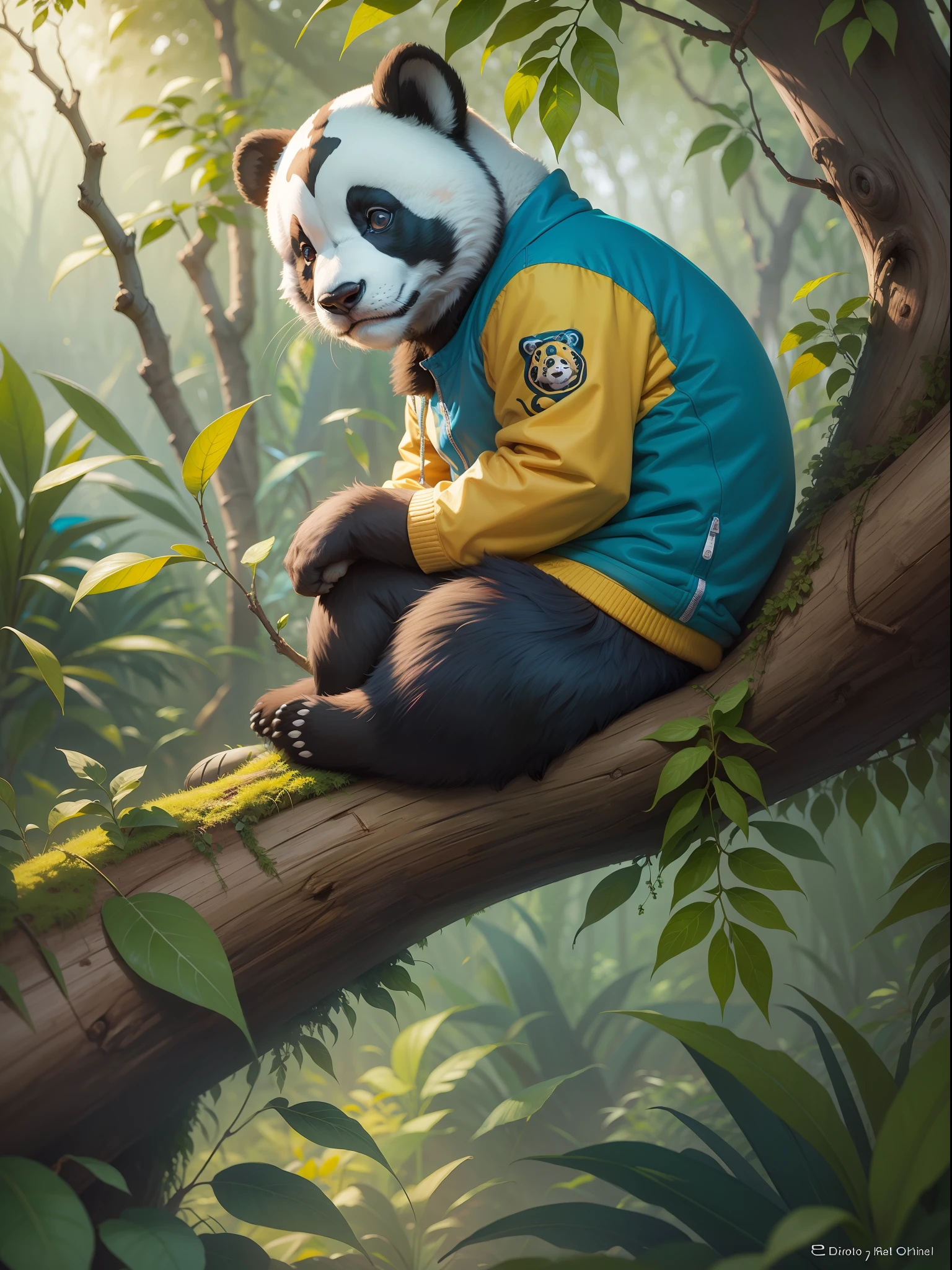 Osito panda vestido con chaqueta vaquera de color azul. Sitting on a tree branch in a jungle. Estilo disney. estilo cartoon. Pintura digital