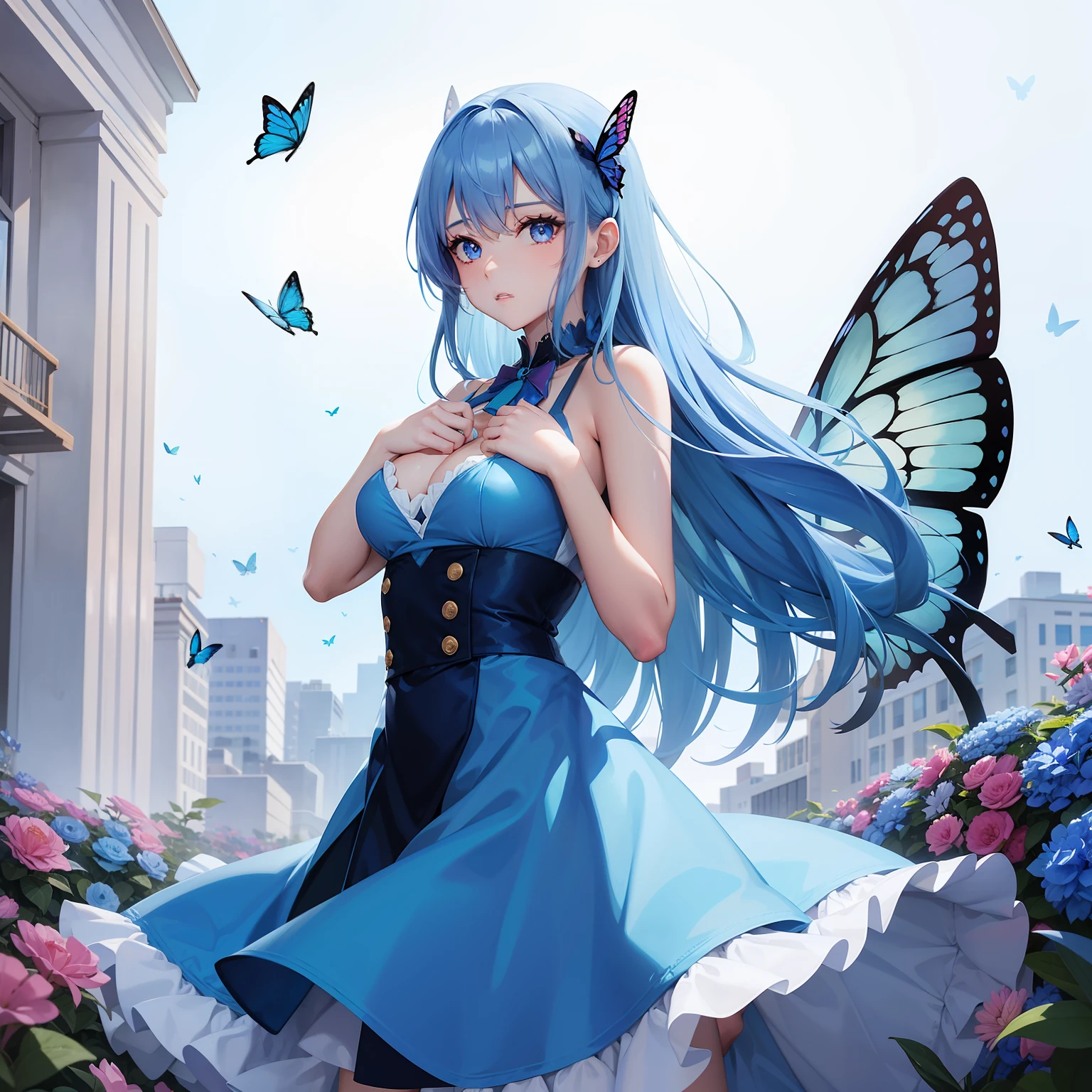a women, blue butterfly, blue hair, pink eyes, blue dress