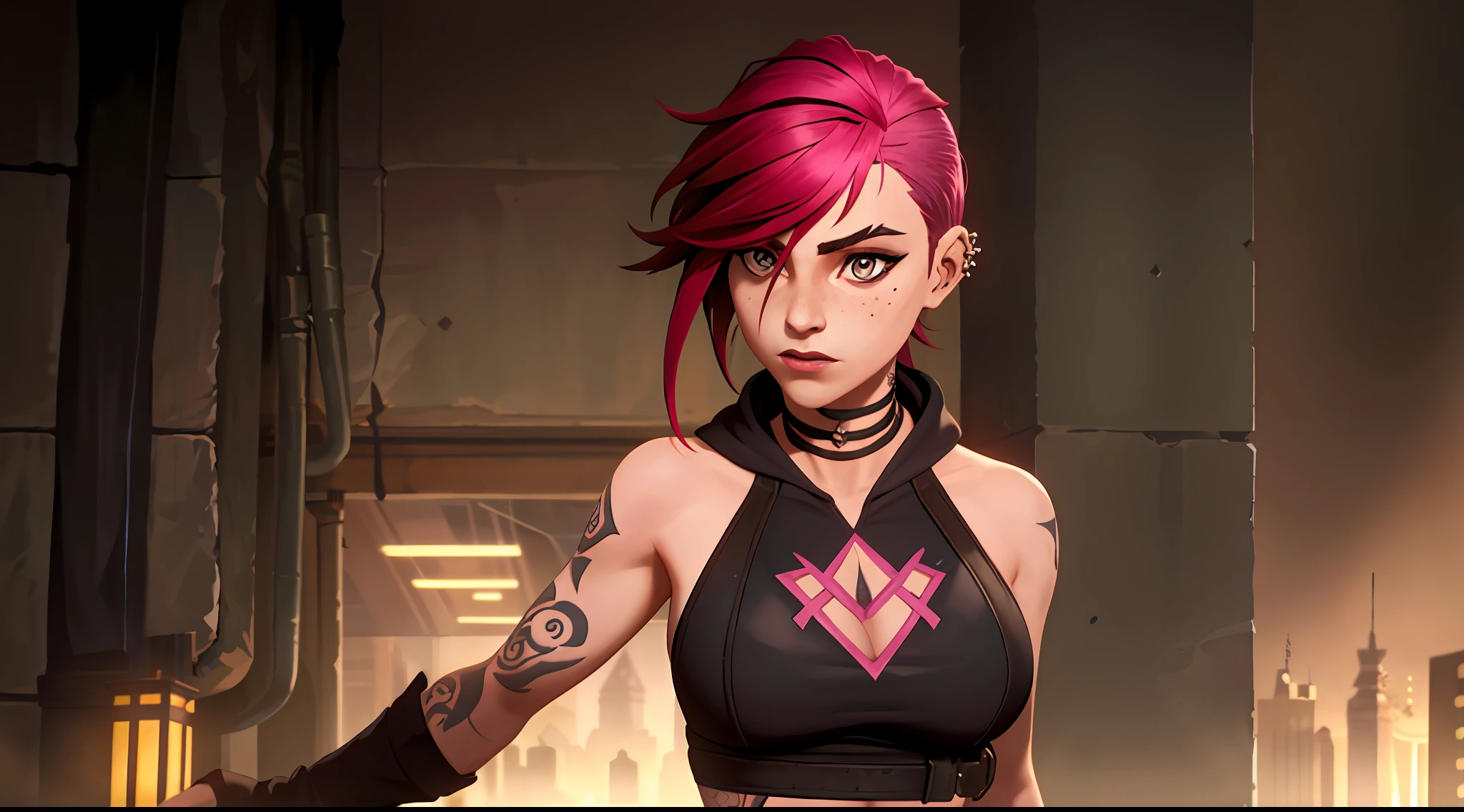 Arcane style, 1girll, Sweatshirt, arm tattoos, Portrait, Asymmetrical bangs, strappy, Long hair, bangs, Breasts, freckle, Gray eyes, Large breasts, looking at viewert, neck tattoo, Piercing on the nose, Pink hair, Scar, scars in the face , Solo, tattoo on the face, Upper body, Detailed background, City, alley, Dark Alley, Portrait, , Night, Brave, Close, Closed mouth, , ((Masterpiece)), absurderes