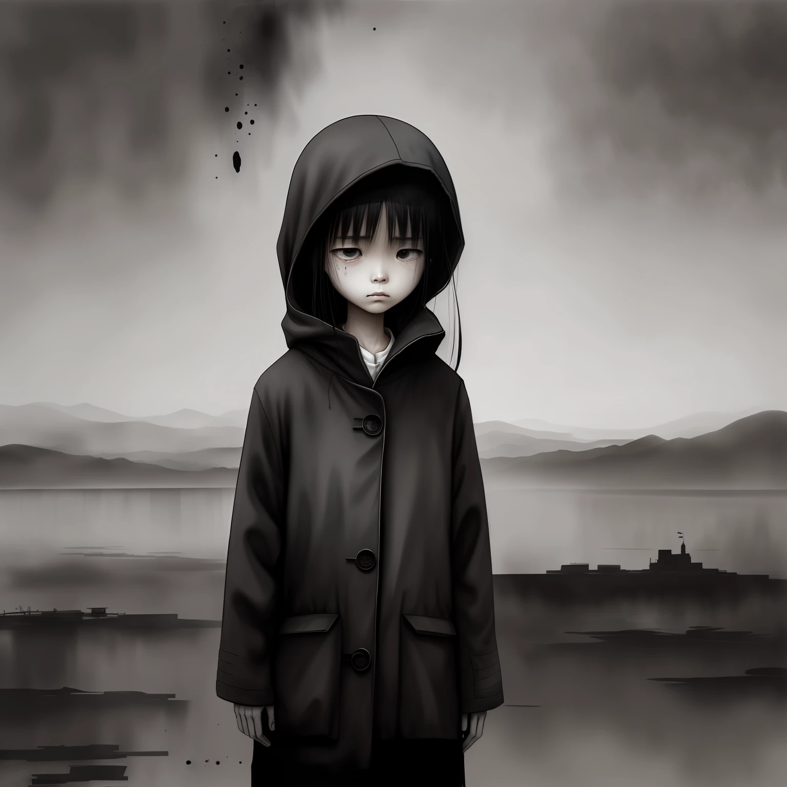 A bleak、Sad scene，Express people's sad emotions，Ink painting style，Gray tones deepen the atmosphere，3:2--real