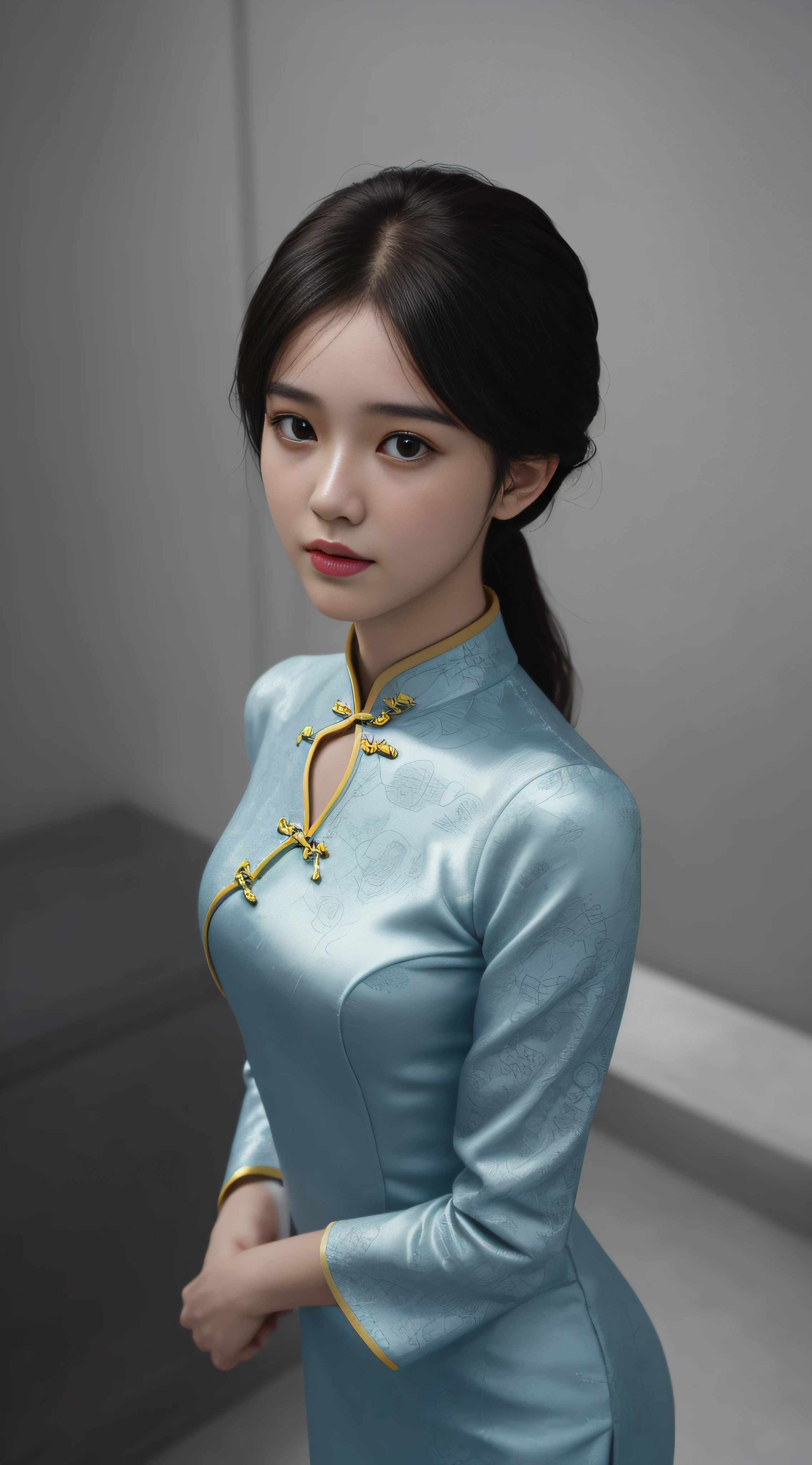 best qualtiy, hyper-high detail, Cinematic lighting，From above ,Close-up，modern， Full body like，Refined face，pretty  face，Skin reflection，25 years old woman，slimfigure，Shy，Smaller bust，cropped shoulders，outside，New cheongsam