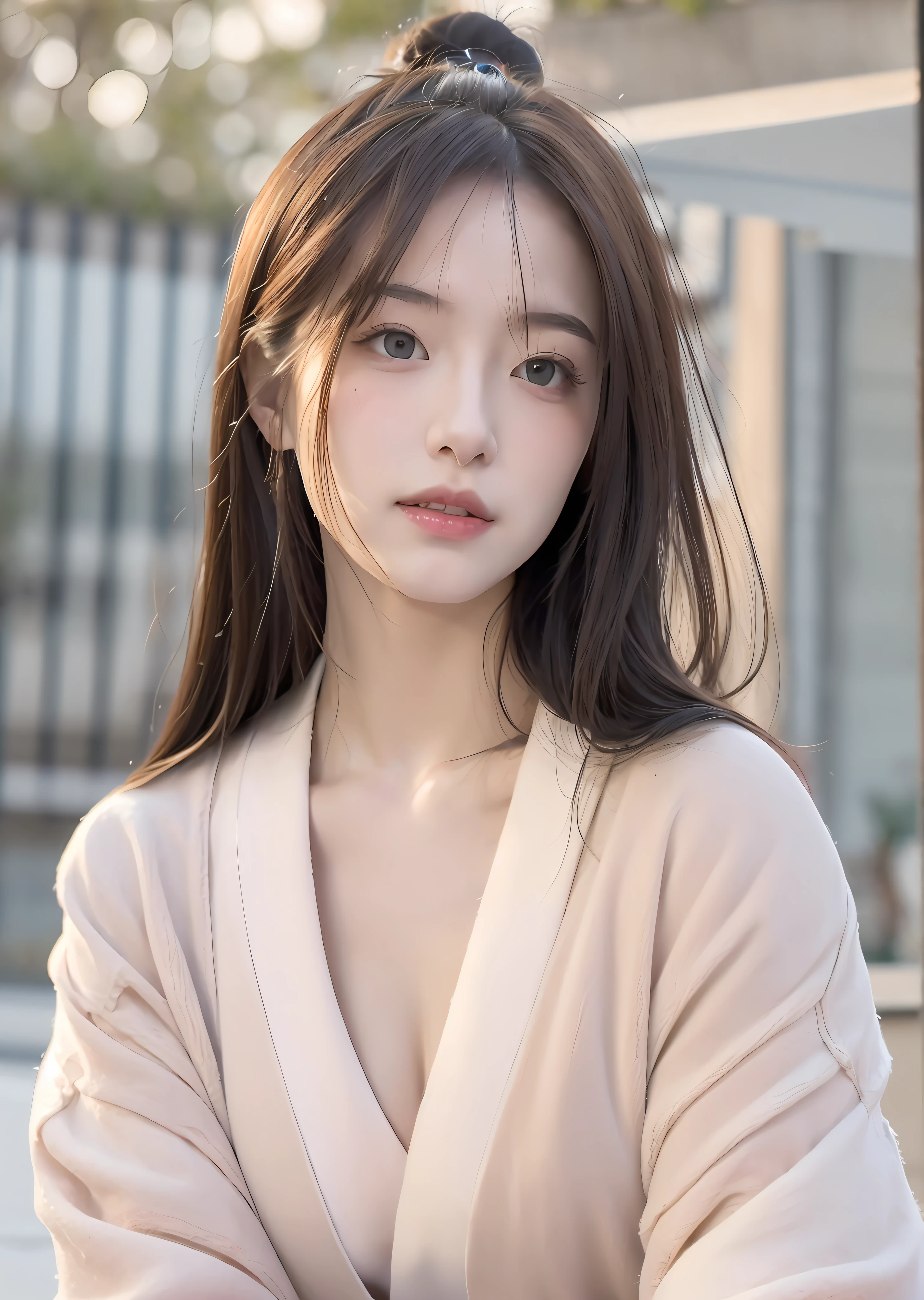 Random posture,
(raw photo,8k,photorealistic:1.3),(masterpiece, best quality), (from below), 35mm shot, looking at viewer, highres,
((a girl, solo)) , (detailed beautiful face, beautiful detailed pink eyes, detailed perfect skin),
((flat chest)), high ponytail contorted, eyes visible through hair, (blush), wet hair,
sitting, white|black kimono, topless, (leg crossed) , arms behind back, water, hair ornament, lace trim,