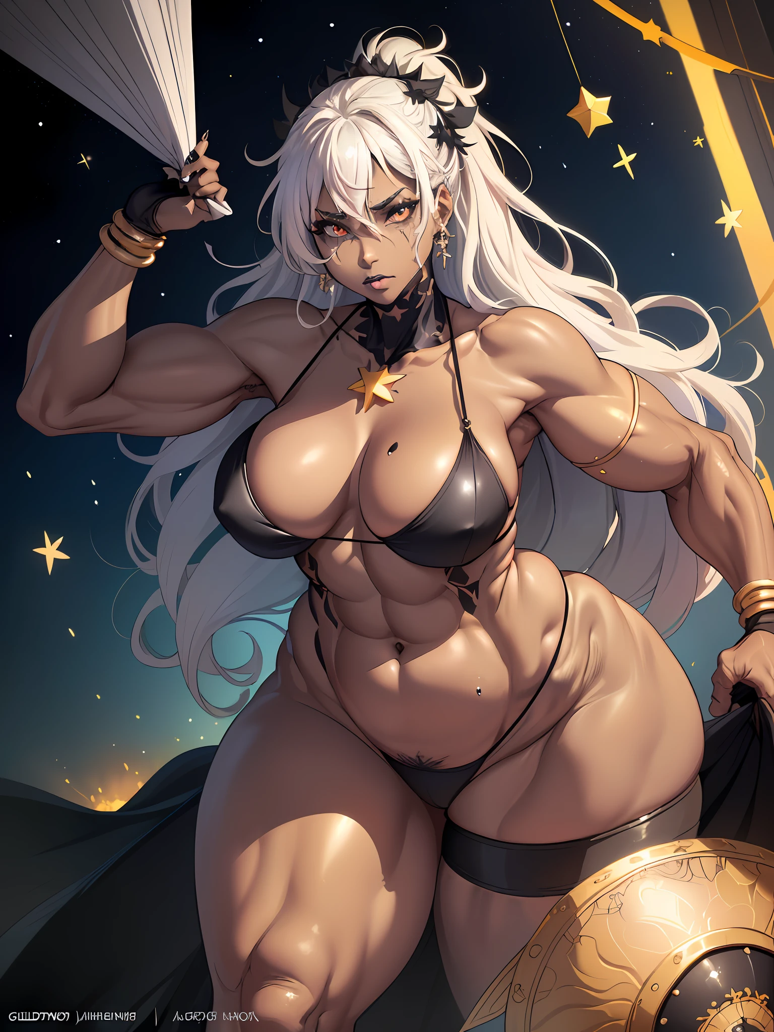 ((Best quality)), ((masterpiece)), (detailed: 1.4), (Absurd), muscular woman of 35 years, black kinetic skin with (((exposed black muscles)))), hot woman, sculptural body with defined muscles, closed mouth, muscular body covered by a micro thong, whole body covered by Genesis evangelion neon style clothing, (((large breasts)), (eyes with heavy and very black makeup), (((unkempt hair)), (stars covering the body), ((drawings of golden stars on the arms)), very long eyelashes, heavy eye makeup, lots of jewelry, by mucha, niji --V5, close to real, psychopath, crazy face, sexy pose, 2 piece clothes, pastel, centered, scale to fit the dimensions