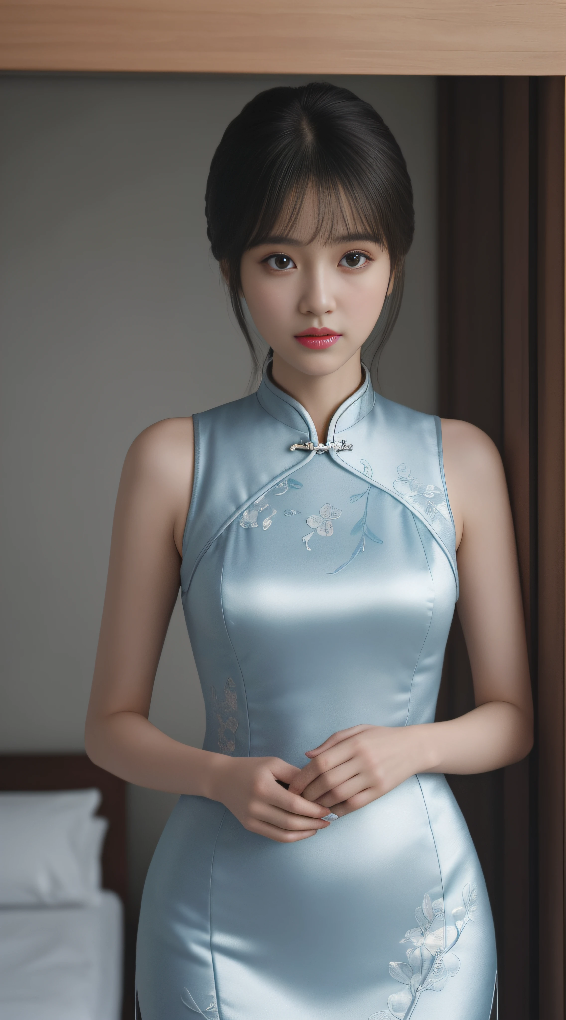 best qualtiy, hyper-high detail, Cinematic lighting,From above ,Close-up,modern, Full body like,Refined face,pretty face,Skin reflection,25 years old woman,slimfigure,Shy,Smaller bust,cropped shoulders,outside,New cheongsam