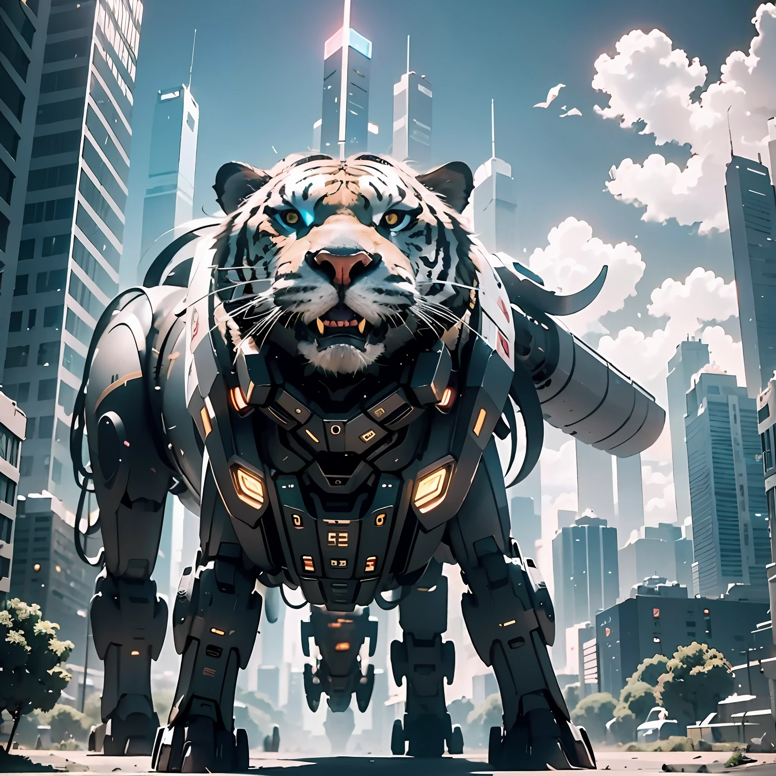 Machinary，A mecha tiger，Landing on all fours，（（（Four feet））），with her mouth open，tosen，Super complex mech，Fragmented mech，ultra-detailliert，Detailed mecha，Fragmented mech，Multiple cracks，A technology background that is ahead of the future，Domineering，Complex structures，Cyber city background，Buildings，（（tmasterpiece，best qualtiy）），illustration，Ultra-detailed 8K，Clear focus，A highly detailed，Colorful detailed，