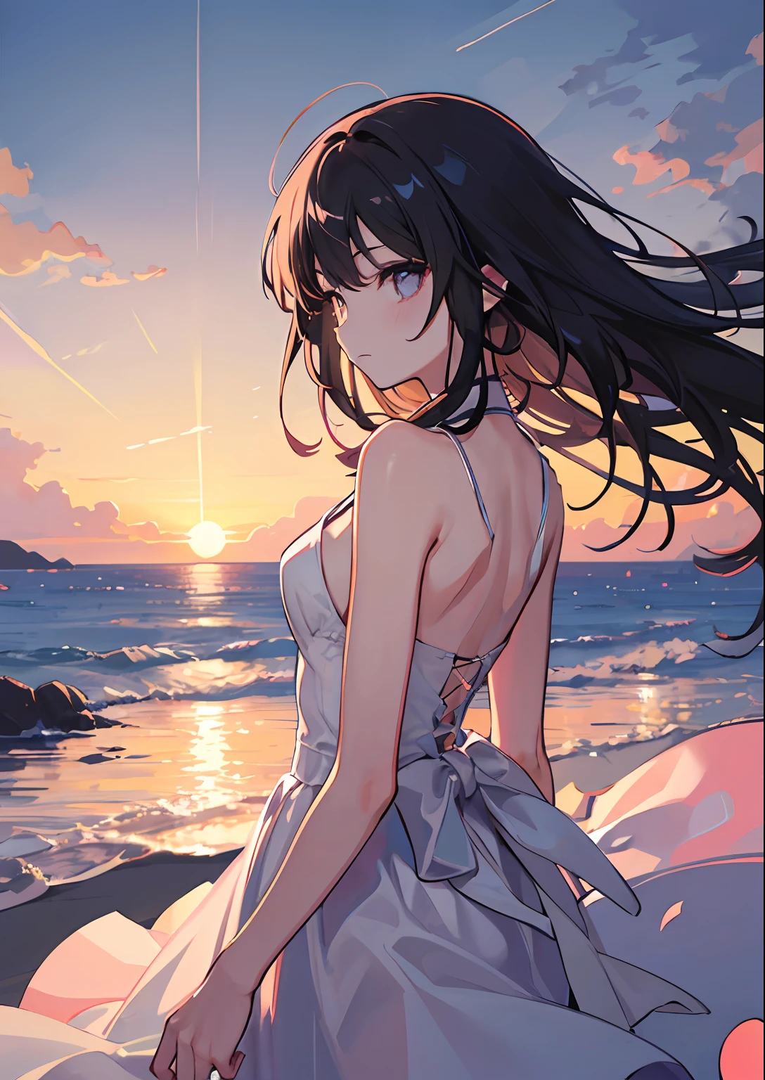 sunset, half body model, 1 girl, solo, with back looking, black haired, elegant and long haired, wind blowing