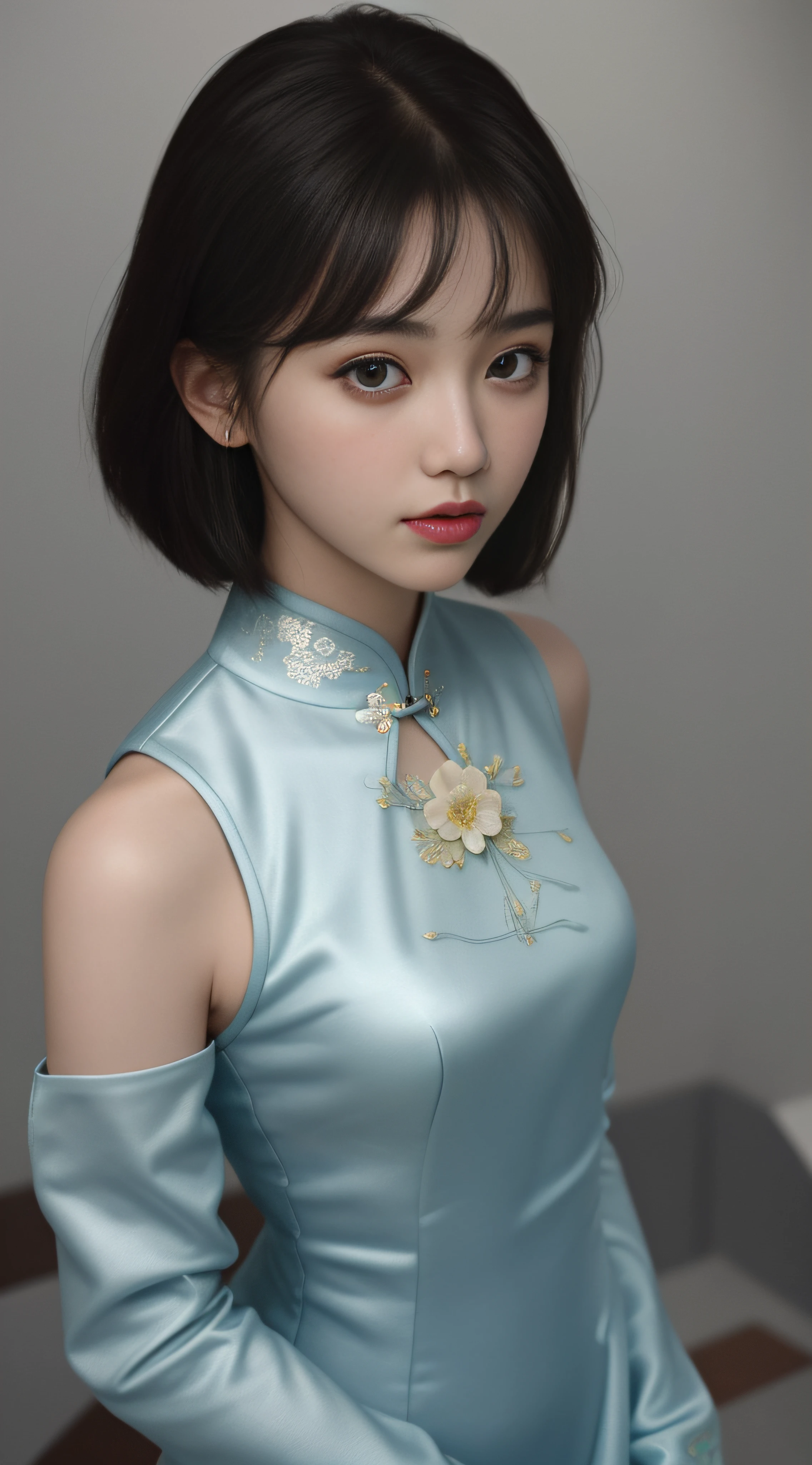 best qualtiy, hyper-high detail, Cinematic lighting，From above ,Close-up，modern， Full body like，Refined face，pretty  face，Skin reflection，25 years old woman，slimfigure，Shy，Smaller bust，cropped shoulders，outside，New cheongsam