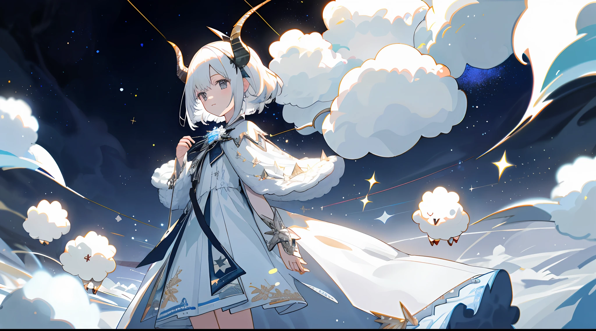 (Best quality at best,tmasterpiece),1girll,ray of lights,glitters,Short white dress,Harnes,Particle,ventania,florals,The upper part of the body,Dark simple background,looking at viewert,White-haired girl,long whitr hair,Horns,A hang tag hangs on his chest,White leg rings,starrysky,ceremonious,snowflower,Dazzle,sheeps,lamb