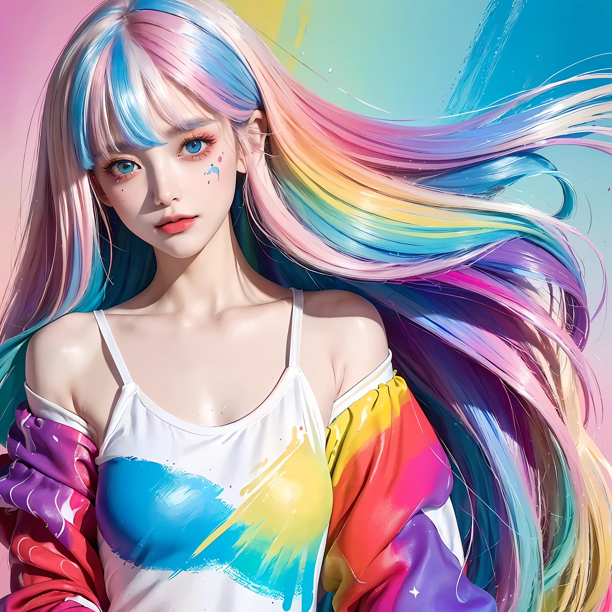 (Pink Fashion T-shirt:1.9),(Colorful hair: 1.8), (all the colours of the rainbow: 1.8),(((((vertical painting:1.6))), (painting:1.6),front, comics, illustrations, paintings, large eyes, crystal clear eyes,( rainbow color gradient high ponytail:1.7), exquisite makeup, closed mouth,(Small Fresh: 1.5),(Wipe Chest: 1.6) ,long eyelashes, white off shoulder T-shirt, White Shoulder Shirt,looking at the audience, large watery eyes, (rainbow colored hair:1.6), color splash, (solo:1.8), color splash, color explosion, thick paint style, messy lines, ((shining)),(colorful), (colorful), (colorful), colorful, Thick Paint Style, (Splash) (Color Splash), Vertical Painting, Upper Body, Paint Splash, Acrylic Pigment, Gradient, Paint, Highest Image Quality, Highest Quality, Masterpiece, Solo, Depth of Field, Face Paint, colorful clothes, (Elegant: 1.2), gorgeous,long hair, wind, (Elegant: 1.3), (Petals: 1.4),(((masterpiece))),(((best quality))),((ultra-detailed)),(illustration),(dynamic angle),((floating)),(paint),((disheveled hair)),(solo),(1girl) , (((detailed anima face))),((beautiful detailed face)),collar,bare shoulders,white hair, ((colorful hair)),((streaked hair)),beautiful detailed eyes,(Gradient color eyes),(((colorful eyes))),(((colorful background))),(((high saturation))),(((surrounded by colorful splashes))),