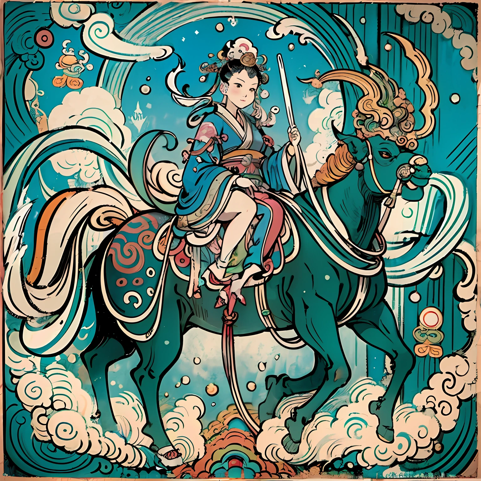 Female riding a white elephant,The background is a vast sky。Inspired by Tanahara Tani Soda、Guanyin、guanyin of the southern seas、bodhisattva、contented female bodhisattva。The author's creative inspiration includes Tahara Yanagi Soda and Asai Naka's white-haired god and thangka。