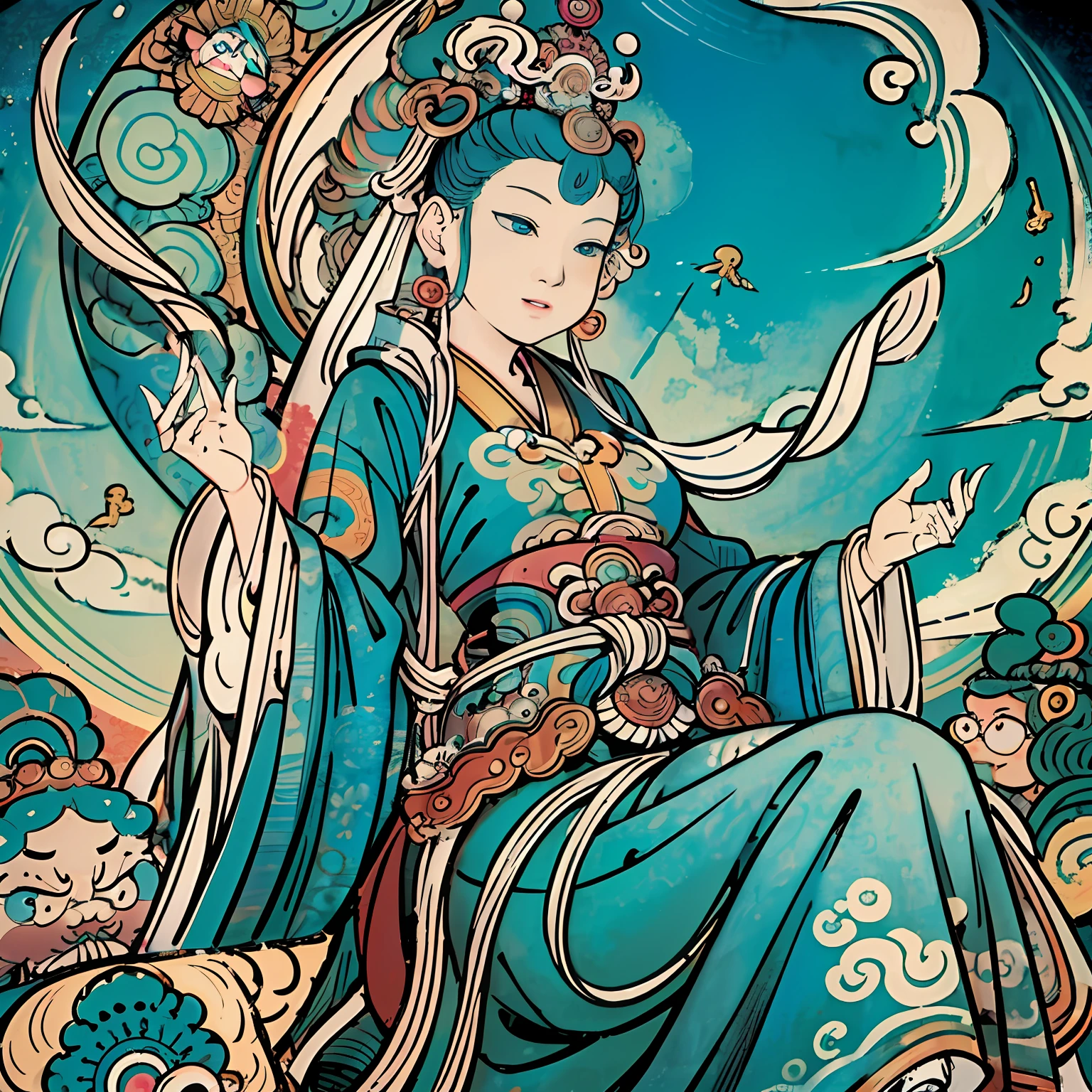 Female riding a white elephant，The background is a vast sky。Inspired by Tanahara Tani Soda、Guanyin、guanyin of the southern seas、bodhisattva、contented female bodhisattva。The author's creative inspiration includes Tahara Yanagi Soda and Asai Naka's white-haired god and thangka。