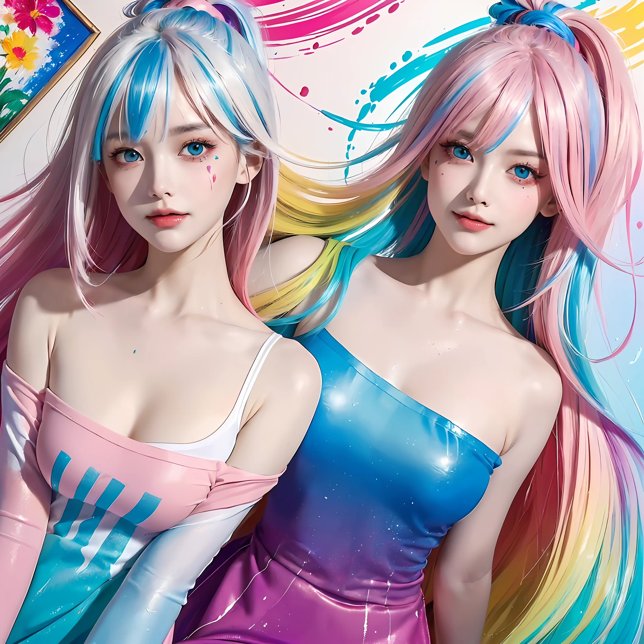 （Pink Fashion T-shirt：1.9），(Colorful hair: 1.8), (all the colours of the rainbow: 1.8),(((((vertical painting：1.6))), （painting：1.6），front, comics, illustrations, paintings, large eyes, crystal clear eyes,（ rainbow color gradient high ponytail：1.7）, exquisite makeup, closed mouth,(Small Fresh: 1.5),(Wipe Chest: 1.6) ，long eyelashes, white off shoulder T-shirt,  White Shoulder Shirt，looking at the audience, large watery eyes, (rainbow colored hair：1.6), color splash, （solo：1.8）, color splash, color explosion, thick paint style, messy lines, ((shining))，(colorful), (colorful), (colorful), colorful, Thick Paint Style, (Splash) (Color Splash), Vertical Painting, Upper Body, Paint Splash, Acrylic Pigment, Gradient, Paint, Highest Image Quality, Highest Quality, Masterpiece, Solo, Depth of Field, Face Paint,  colorful clothes, (Elegant: 1.2), gorgeous,long hair, wind, (Elegant: 1.3), (Petals: 1.4)，(((masterpiece))),(((best quality))),((ultra-detailed)),(illustration),(dynamic angle),((floating)),(paint),((disheveled hair)),(solo),(1girl) , (((detailed anima face))),((beautiful detailed face)),collar,bare shoulders,white hair, ((colorful hair)),((streaked hair)),beautiful detailed eyes,(Gradient color eyes),(((colorful eyes))),(((colorful background))),(((high saturation))),(((surrounded by colorful splashes))),