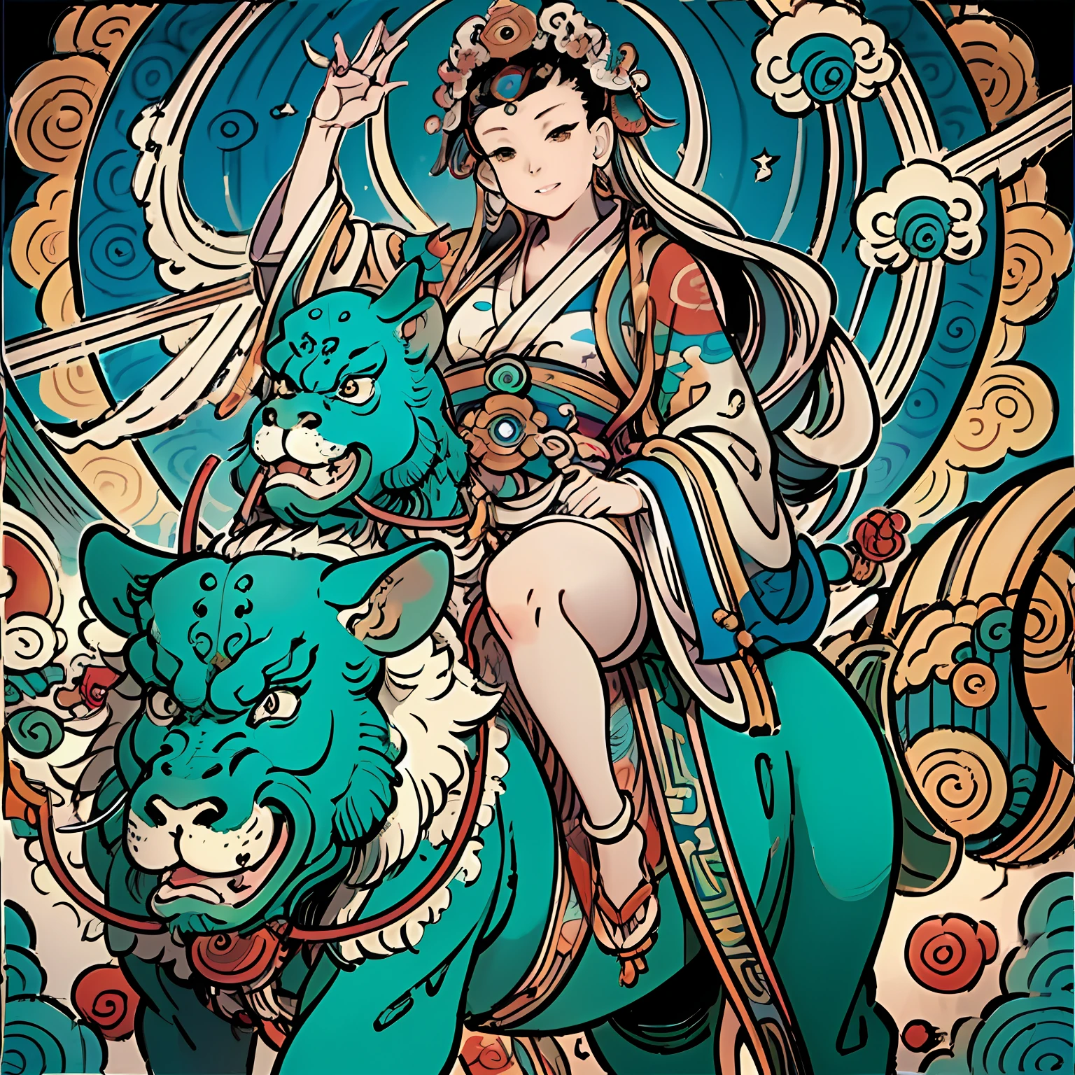 Female riding a white elephant,The background is a vast sky。Inspired by Tanahara Tani Soda、Guanyin、guanyin of the southern seas、bodhisattva、contented female bodhisattva。The author's creative inspiration includes Tahara Yanagi Soda and Asai Naka's white-haired god and thangka。