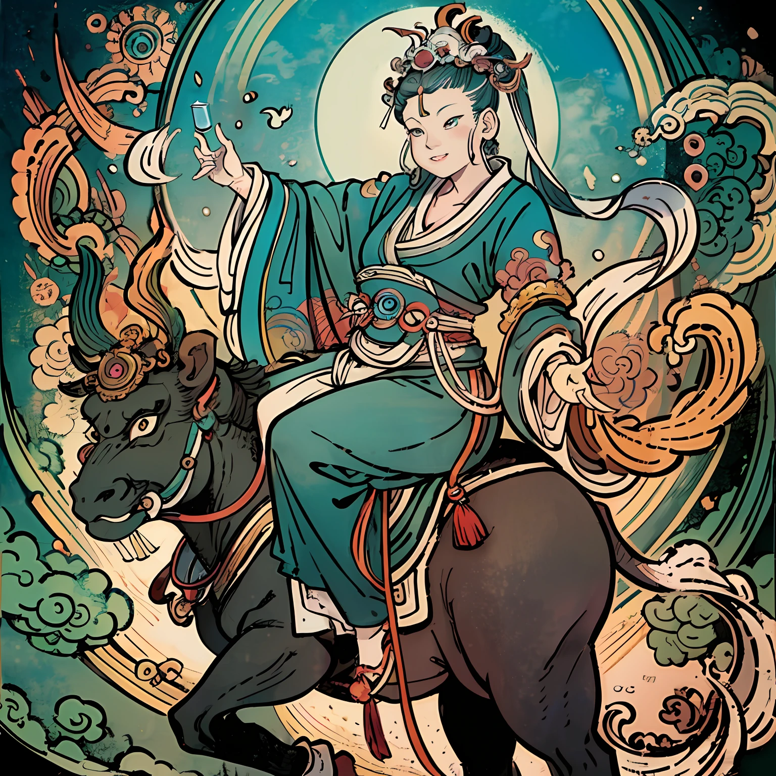 Female riding a white elephant,The background is a vast sky。Inspired by Tanahara Tani Soda、Guanyin、guanyin of the southern seas、bodhisattva、contented female bodhisattva。The author's creative inspiration includes Tahara Yanagi Soda and Asai Naka's white-haired god and thangka。