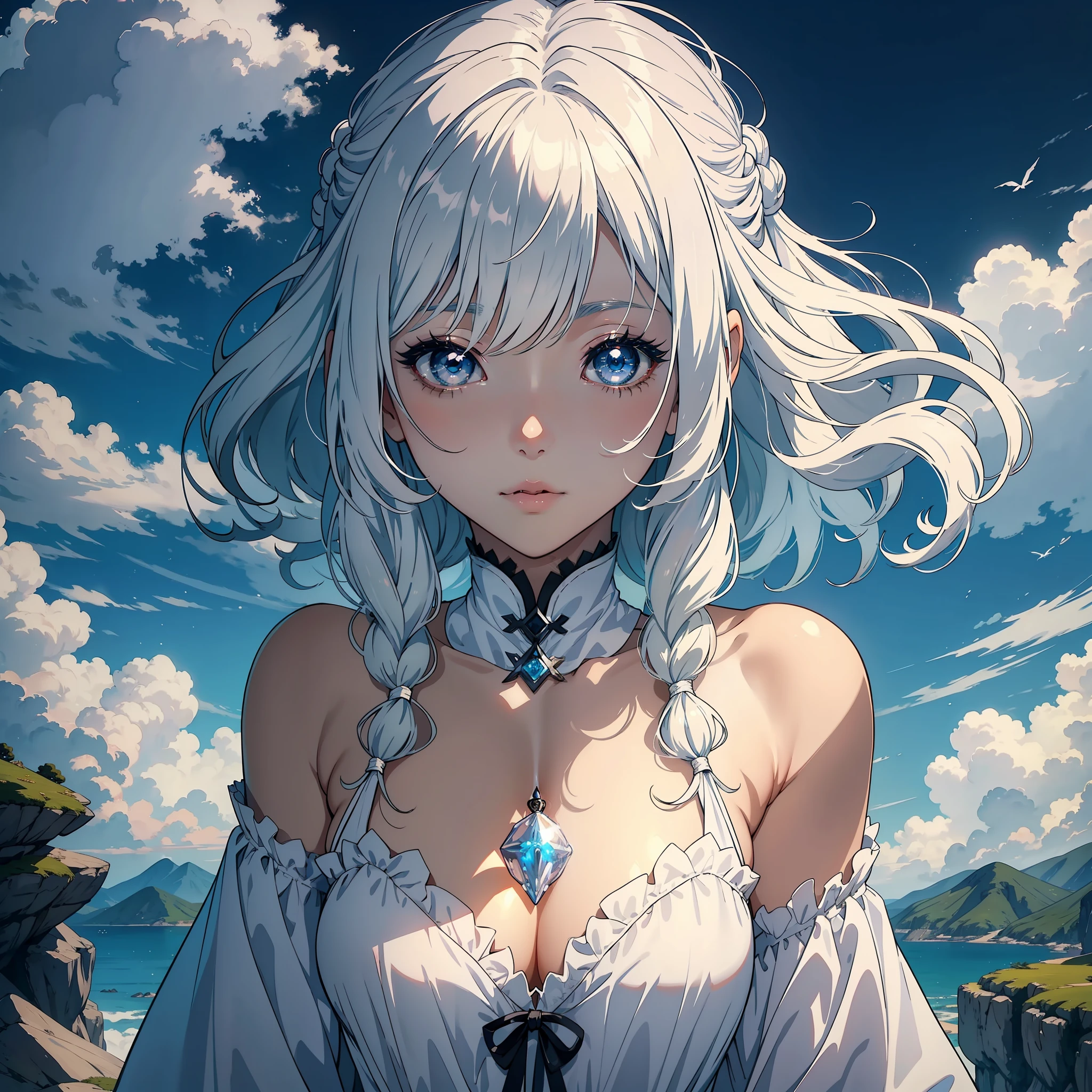 The white-haired Korean girl is in a fantasy setting, floating in a soft cloud in the sky. Her hair is designed with an ethereal look, with delicate locks blending into the clouds. Seus olhos vermelhos emanam uma luz suave e misteriosa, Revealing Her Role as Guardian of Dreams.”