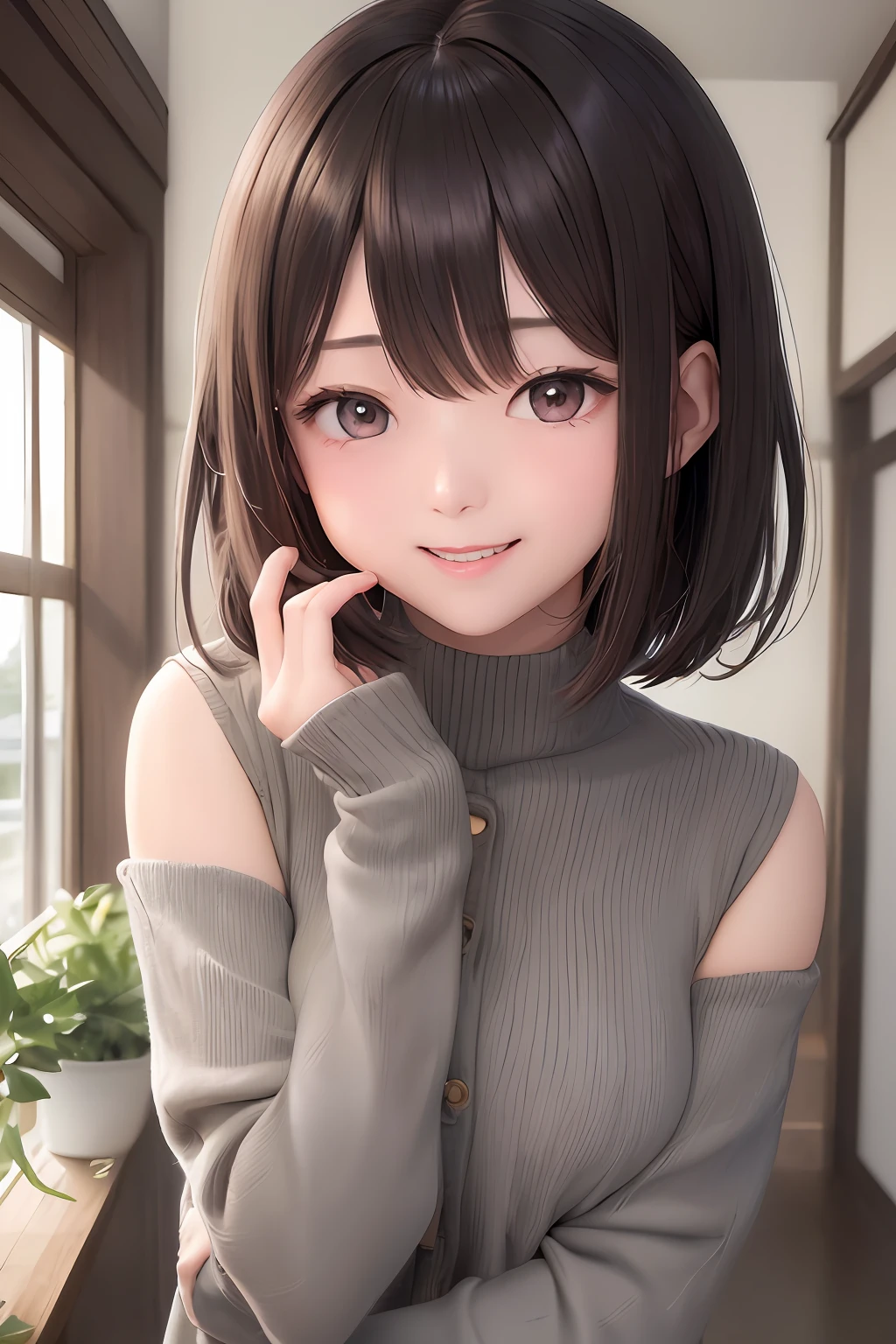 (Highly detailed CG Unity 8K wallpapers、masterpiece、top-quality、The ultra-detailliert)、(extremely delicate and beautiful)、(dynamic ungle、portlate)、adult lady、(Brown hair)、(Away from the shoulders)、美丽的面容、de pele branca、depth of fields、radiant lips、vivd colour。embarrassed from、short-cut、straight haired、Cardigan、(laught)、(eyes gentle)、Happiness、(grey eyes)、Dazzling smile、(Oversize)、Crumpled smile、Hands in the mouth、Bright background、