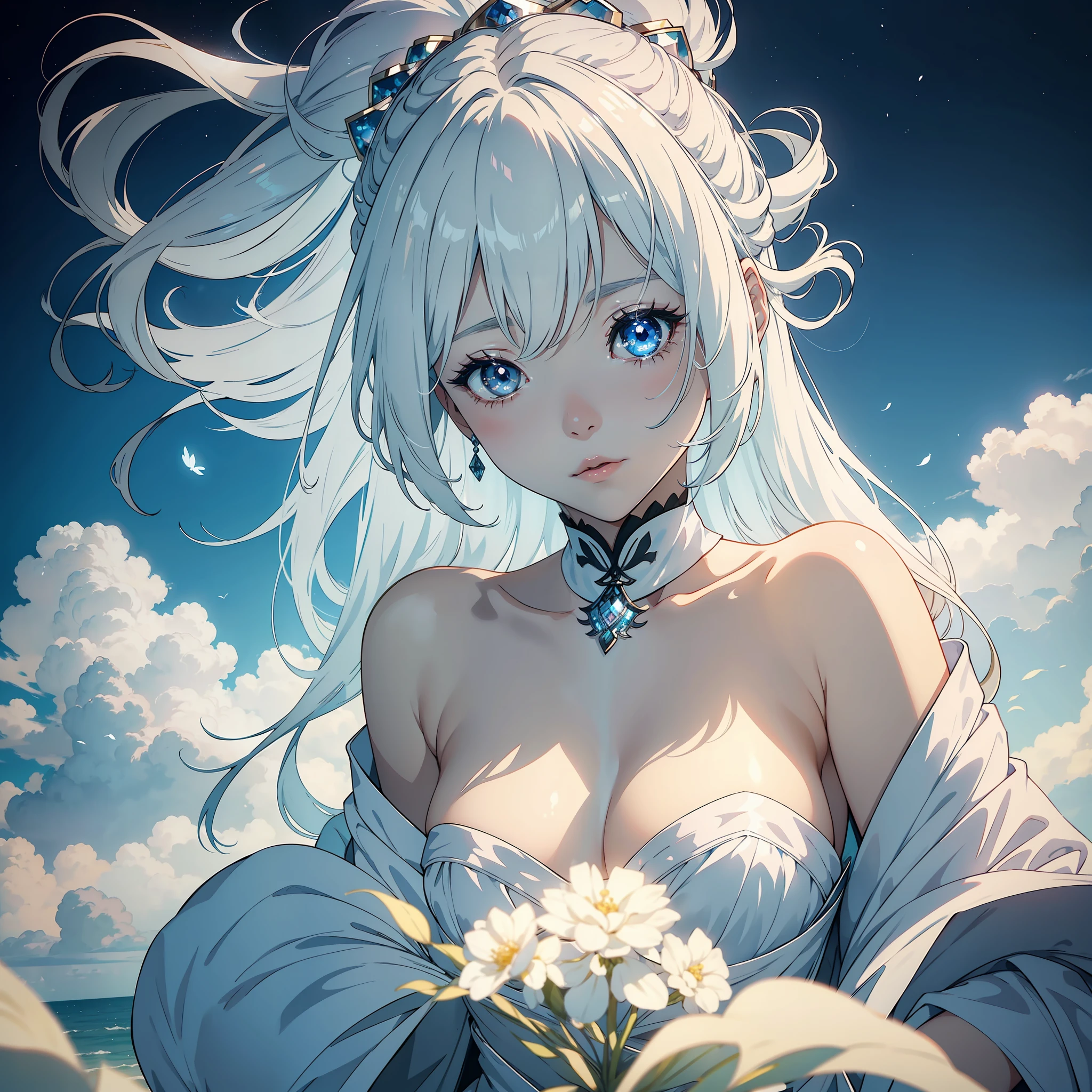 The white-haired Korean girl is in a fantasy setting, floating in a soft cloud in the sky. Her hair is designed with an ethereal look, with delicate locks blending into the clouds. Seus olhos vermelhos emanam uma luz suave e misteriosa, Revealing Her Role as Guardian of Dreams.”