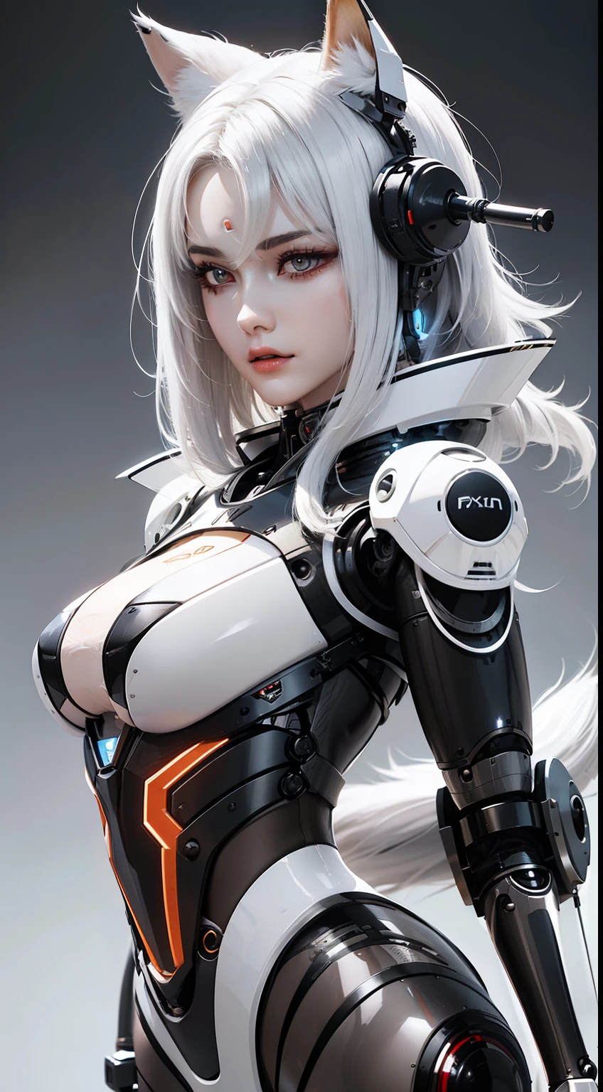 A woman with white hair and a robot suit, Daji, porcelain cyborg, perfect robot girl, cute cyborg girl, integrated synthetic robot, anime robot mixed organic, with mechanical fox tail, WLOP shiny skin, broken beautiful female robot! , cyborg - silver-haired girl, beautiful female robot, fox mechanical tail behind her, mechanical tail