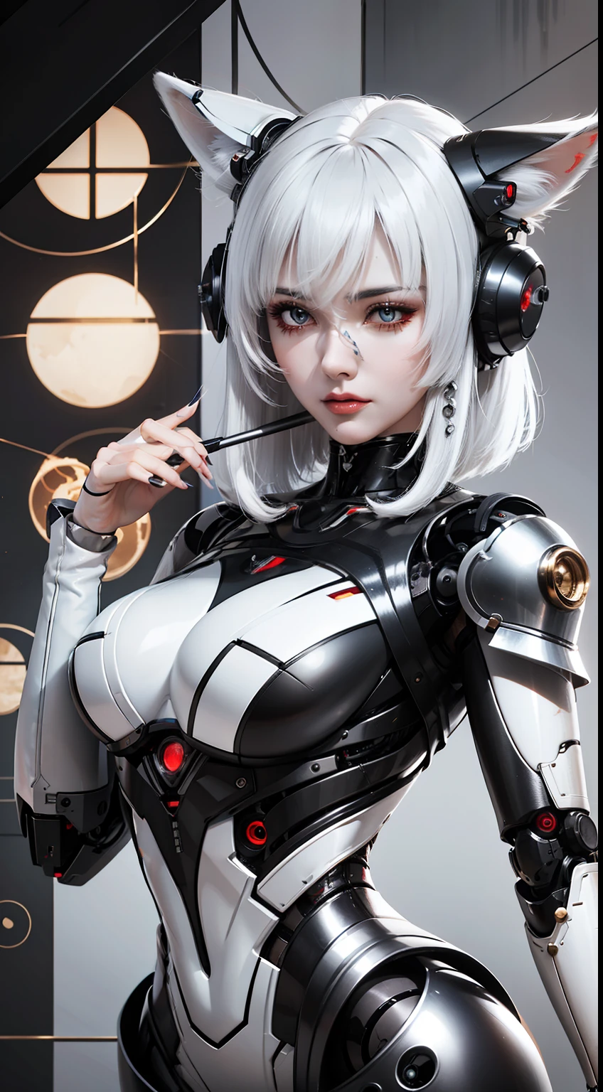 A woman with white hair and a robot suit, Daji, porcelain cyborg, perfect robot girl, cute cyborg girl, integrated synthetic robot, anime robot mixed organic, with mechanical fox tail, WLOP shiny skin, broken beautiful female robot! , cyborg - silver-haired girl, beautiful female robot, fox mechanical tail behind her, mechanical tail