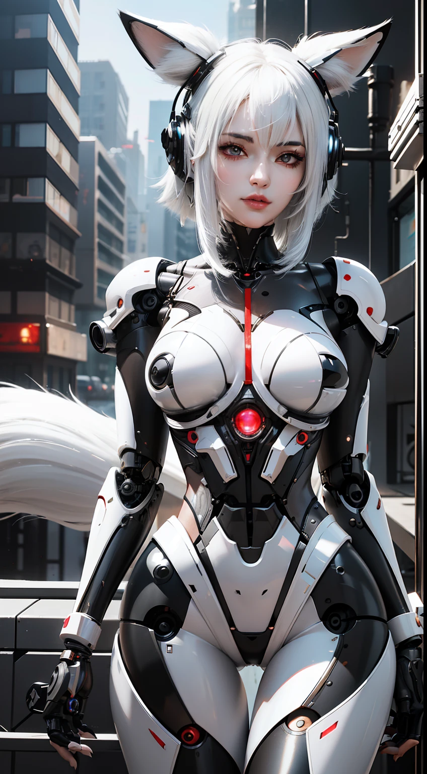 A woman with white hair and a robot suit, Daji, porcelain cyborg, perfect robot girl, cute cyborg girl, integrated synthetic robot, anime robot mixed organic, with mechanical fox tail, WLOP shiny skin, broken beautiful female robot! , cyborg - silver-haired girl, beautiful female robot, fox mechanical tail behind her, mechanical tail