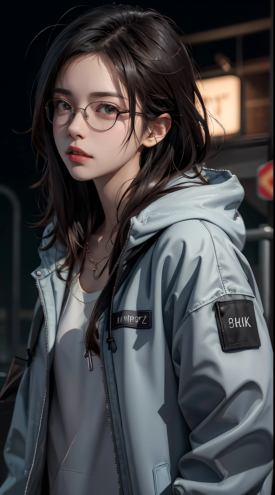 1girl, jacket, glasses, rain, outdoor, hoodie, open jacket, chain, backpack, looking at another, messy hair, trending on artstation, 8k resolution, highly detailed, anatomically correct, sharp image, digital painting, concept art, trending on pixiv, style of makoto shinkai,