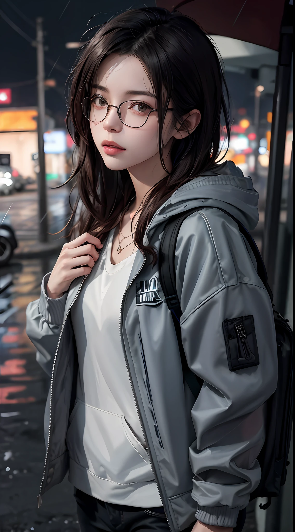 1girl, jacket, glasses, rain, outdoor, hoodie, open jacket, chain, backpack, looking at another, messy hair, trending on artstation, 8k resolution, highly detailed, anatomically correct, sharp image, digital painting, concept art, trending on pixiv, style of makoto shinkai,