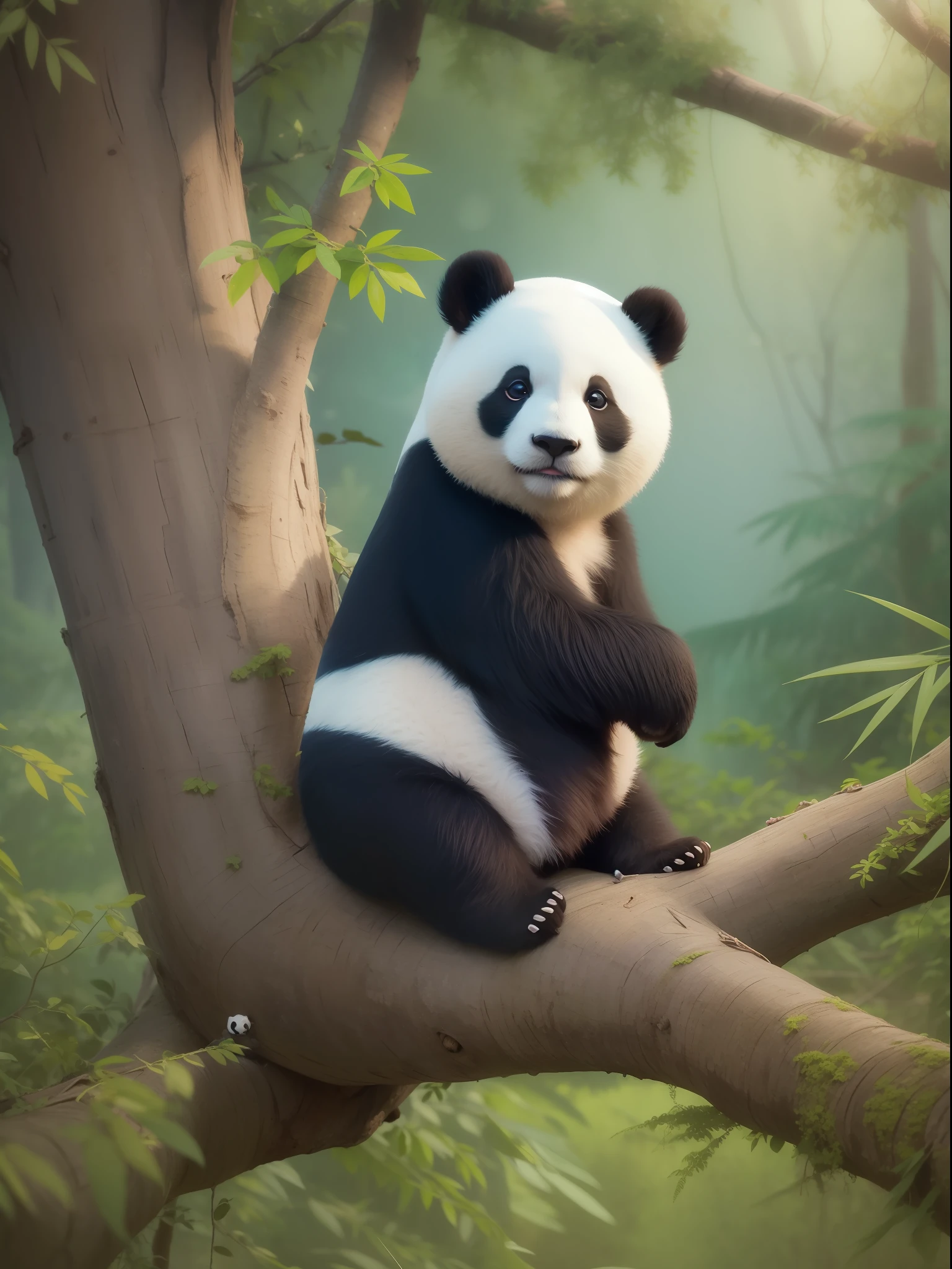 Osito panda vestido con chaqueta vaquera de color azul. Sitting on a tree branch in a jungle. Estilo disney. estilo cartoon. Pintura digital